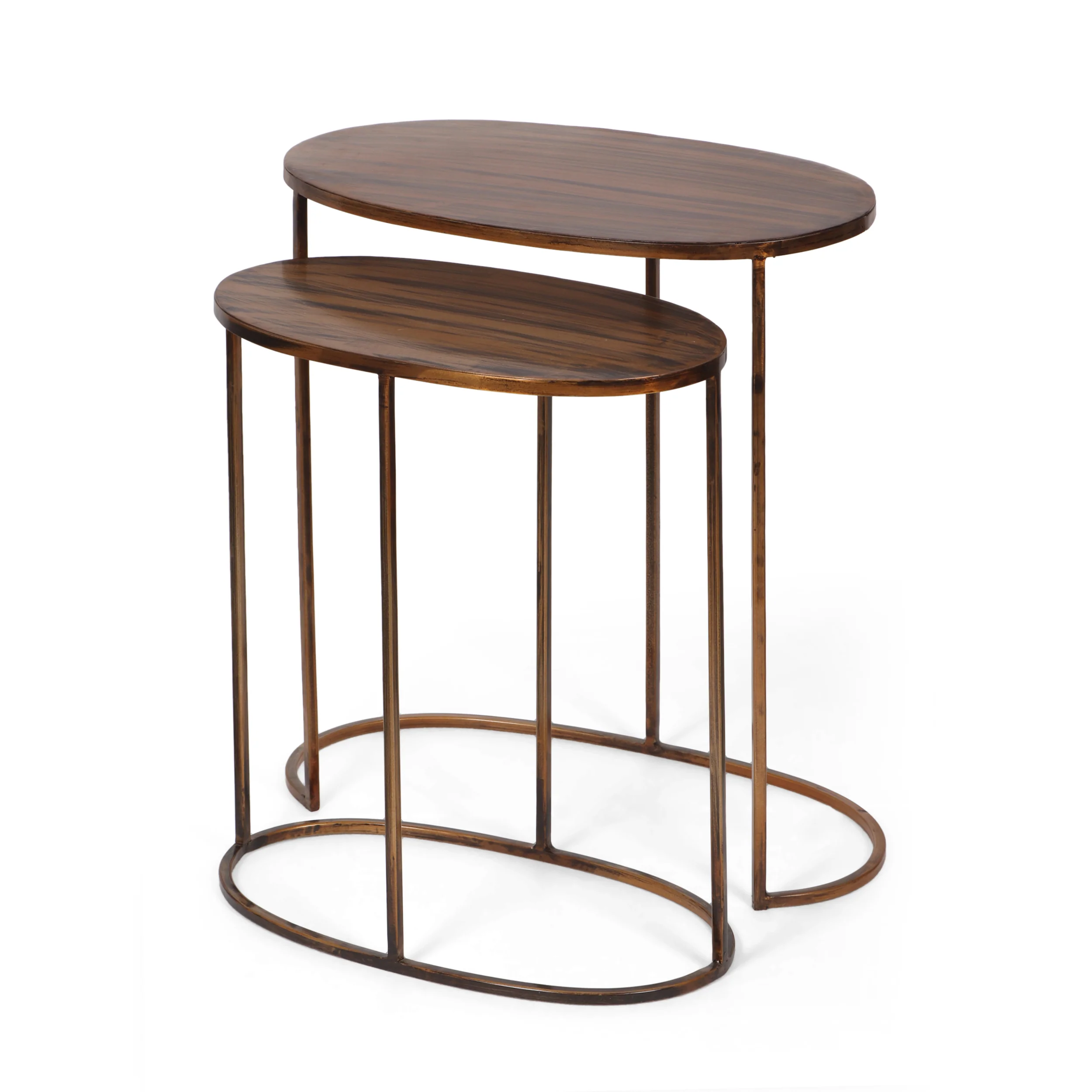 Grewell Boho Handcrafted Metal Oval Nesting Tables, Set of 2, Antique Brass - furnishings