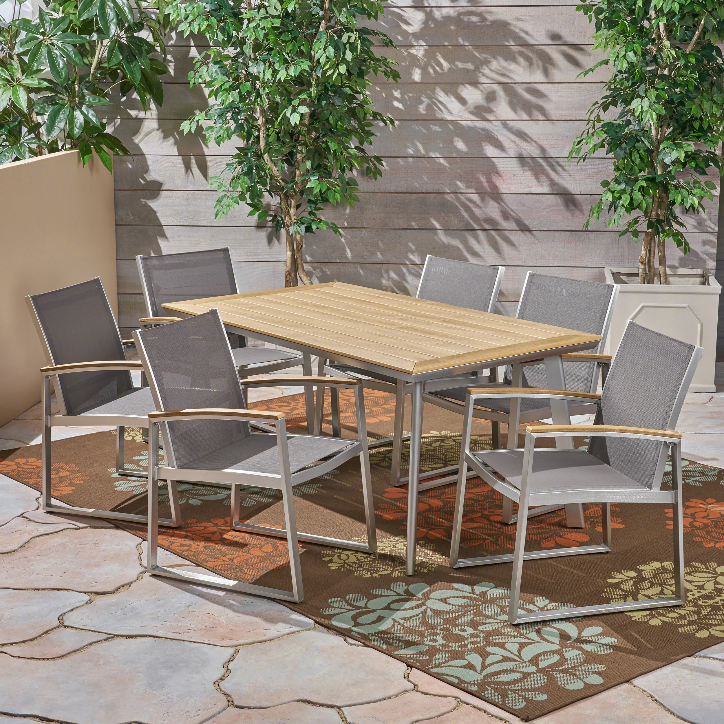 Tabby Outdoor Aluminum 7-Piece Dining Set with Mesh Chairs and Faux Wood Top - furnishings