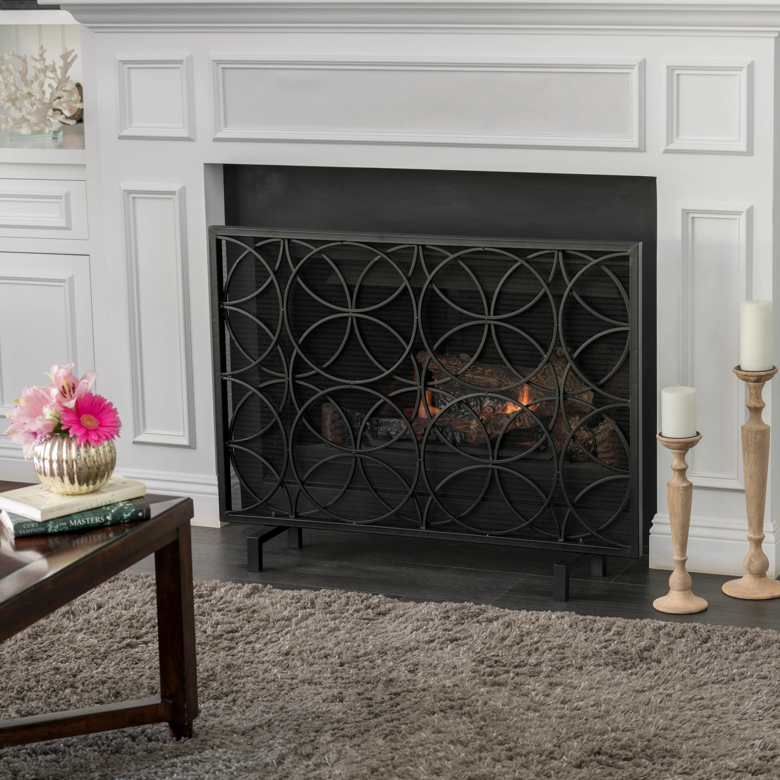 Veritas Modern Glam Single Panel Iron Fireplace Screen with Circle Pattern - furnishings