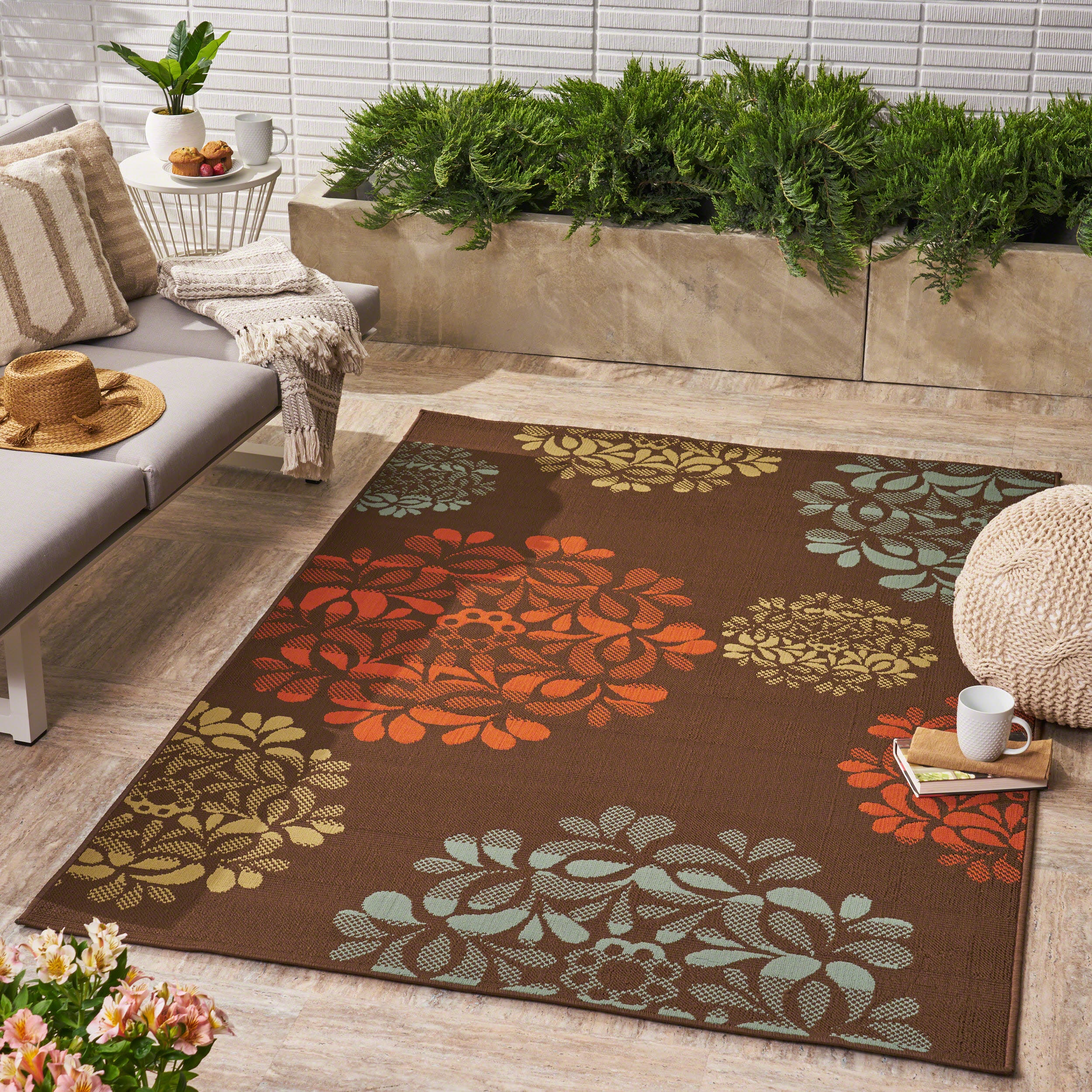 Sallie Outdoor Modern Brown Area Rug with Multi-Color Floral Print - furnishings