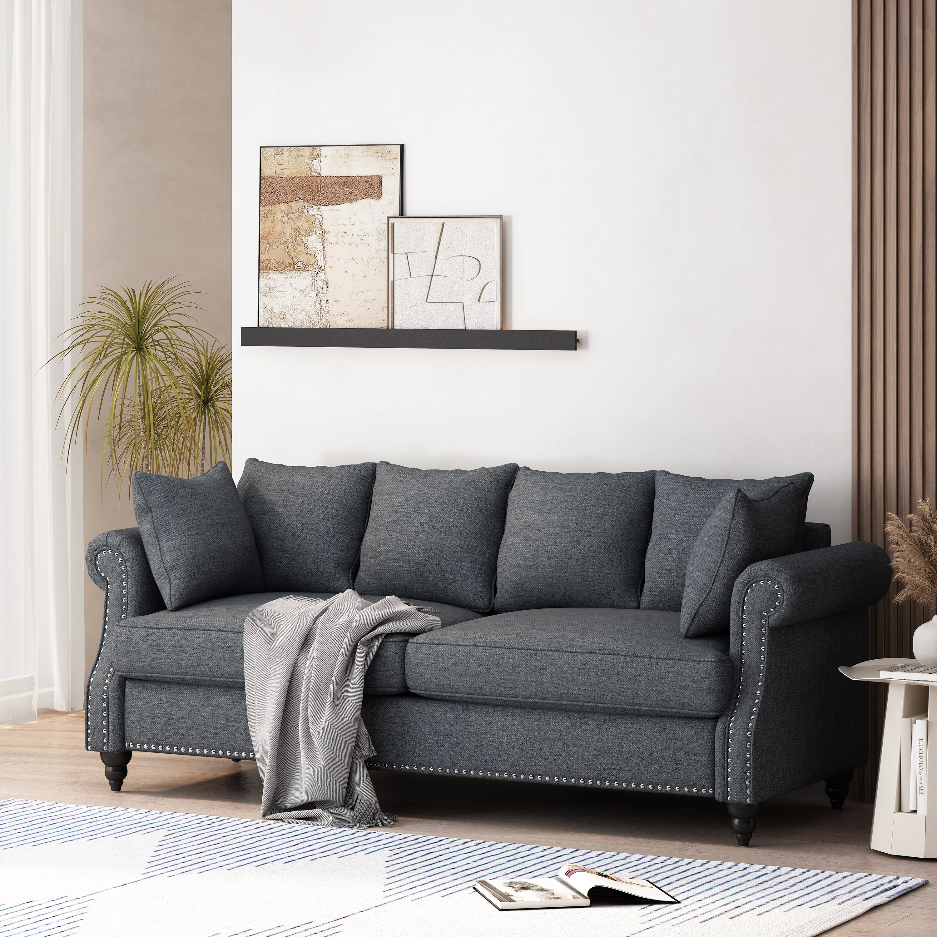 Bonny Contemporary Fabric Pillowback 3 Seater Sofa with Nailhead Trim - furnishings