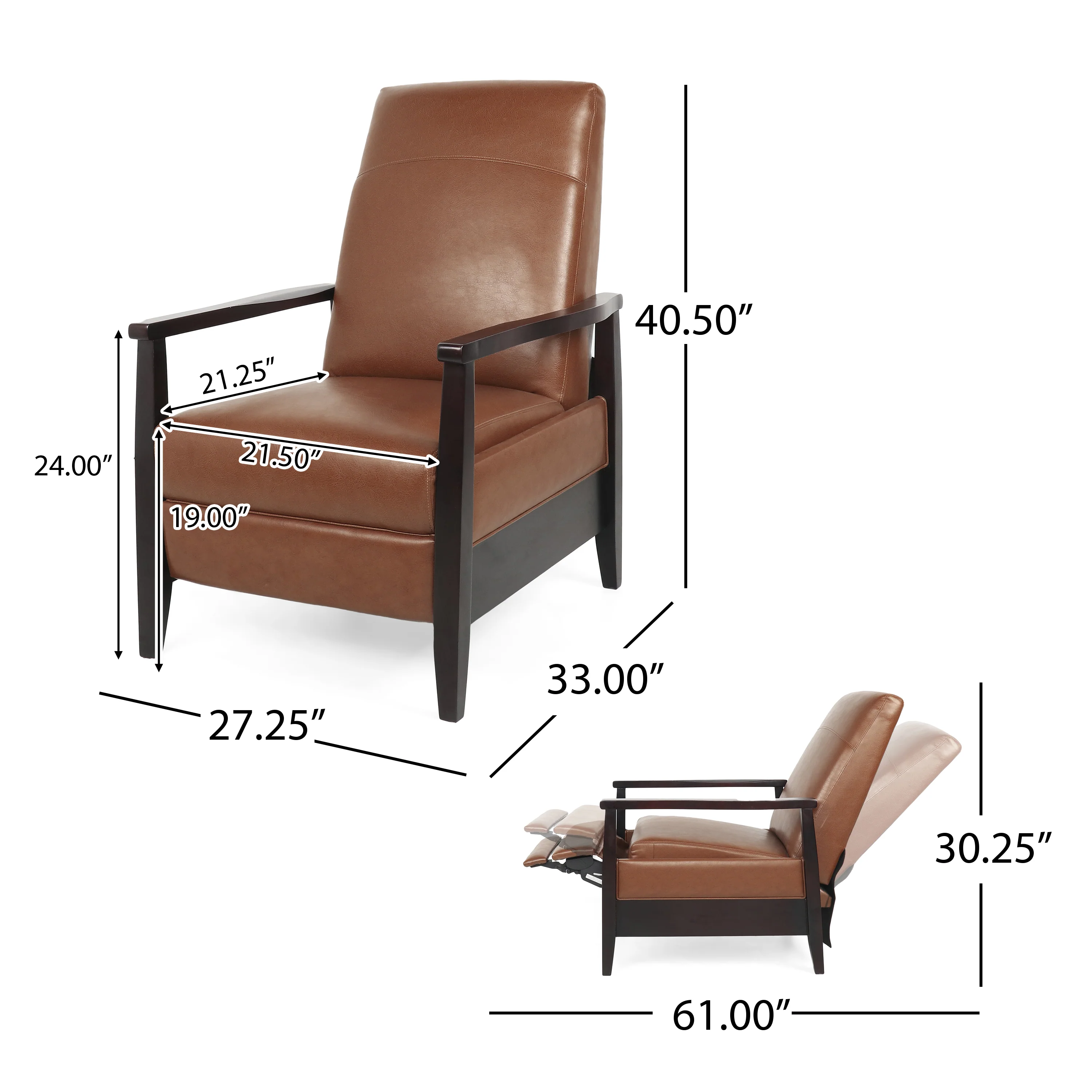 Mugo Mid Century Modern Faux Leather Upholstered Wood Pushback Recliner - furnishings