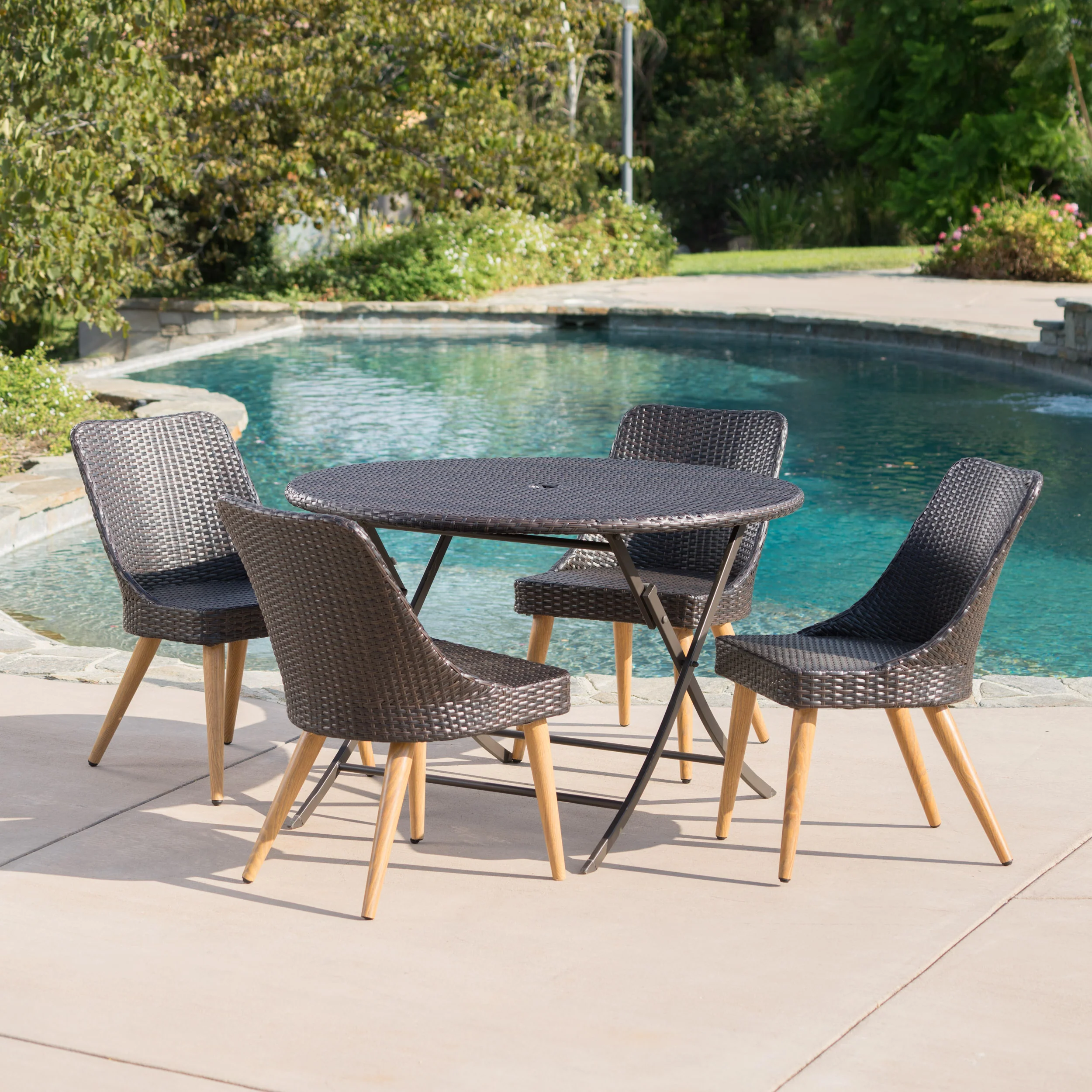 Othon Outdoor 5 Piece Multi-brown Wicker Dining Set with Table and Chairs - furnishings