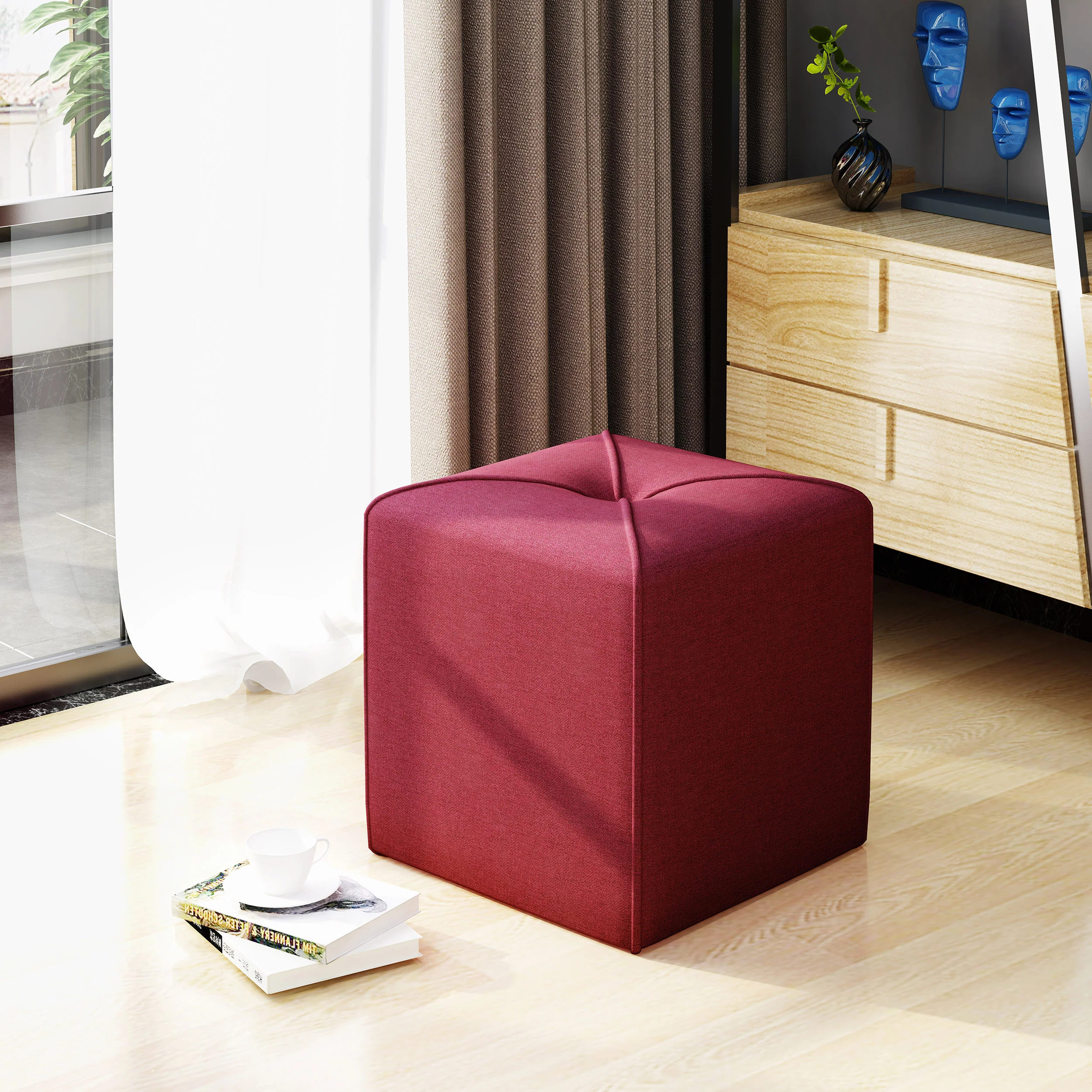 Tammy Modern Fabric Upholstered Square Ottoman with Tonal Piping - furnishings