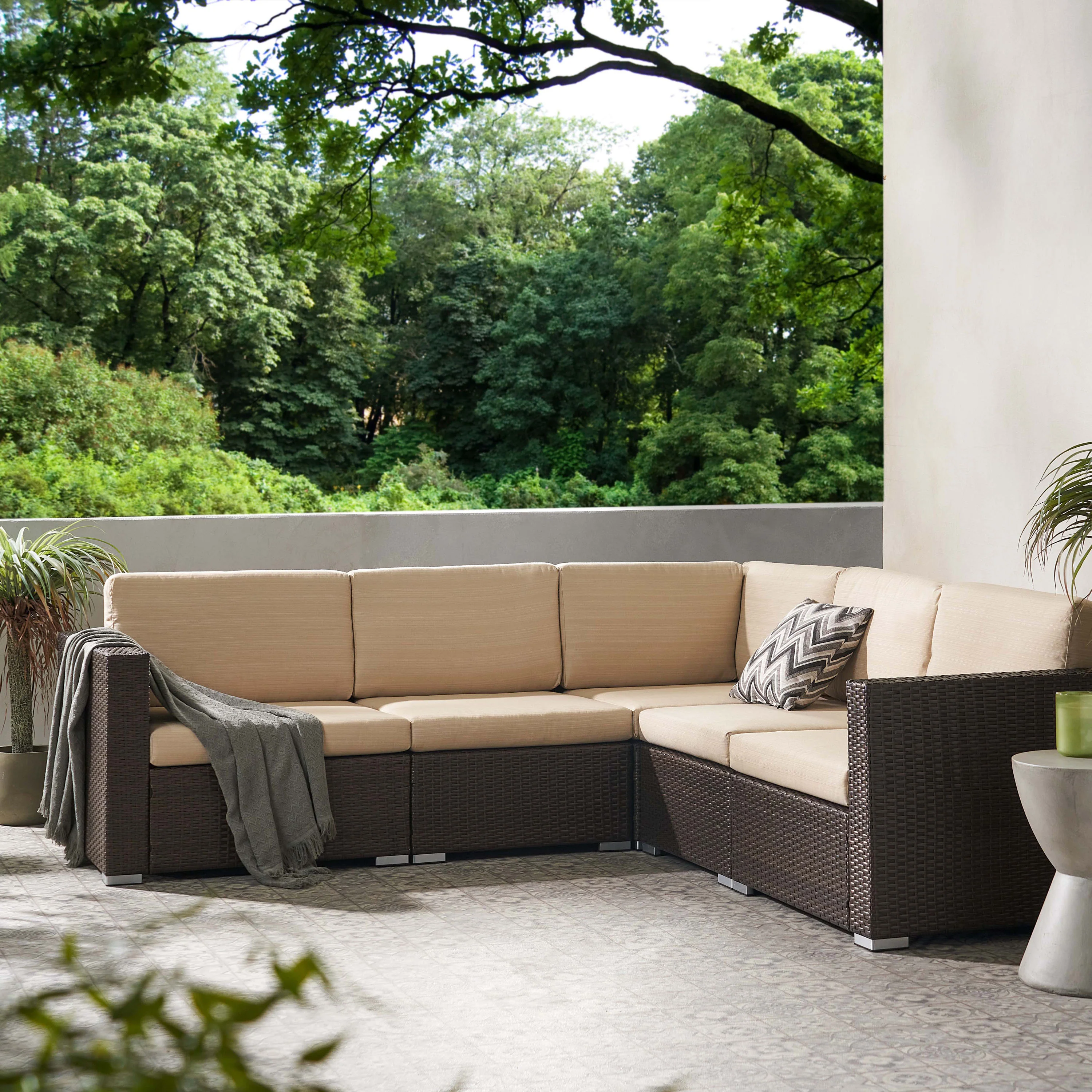 Avianna Outdoor Wicker 5 Seater V-Shaped Sectional Sofa Set with Cushions - furnishings