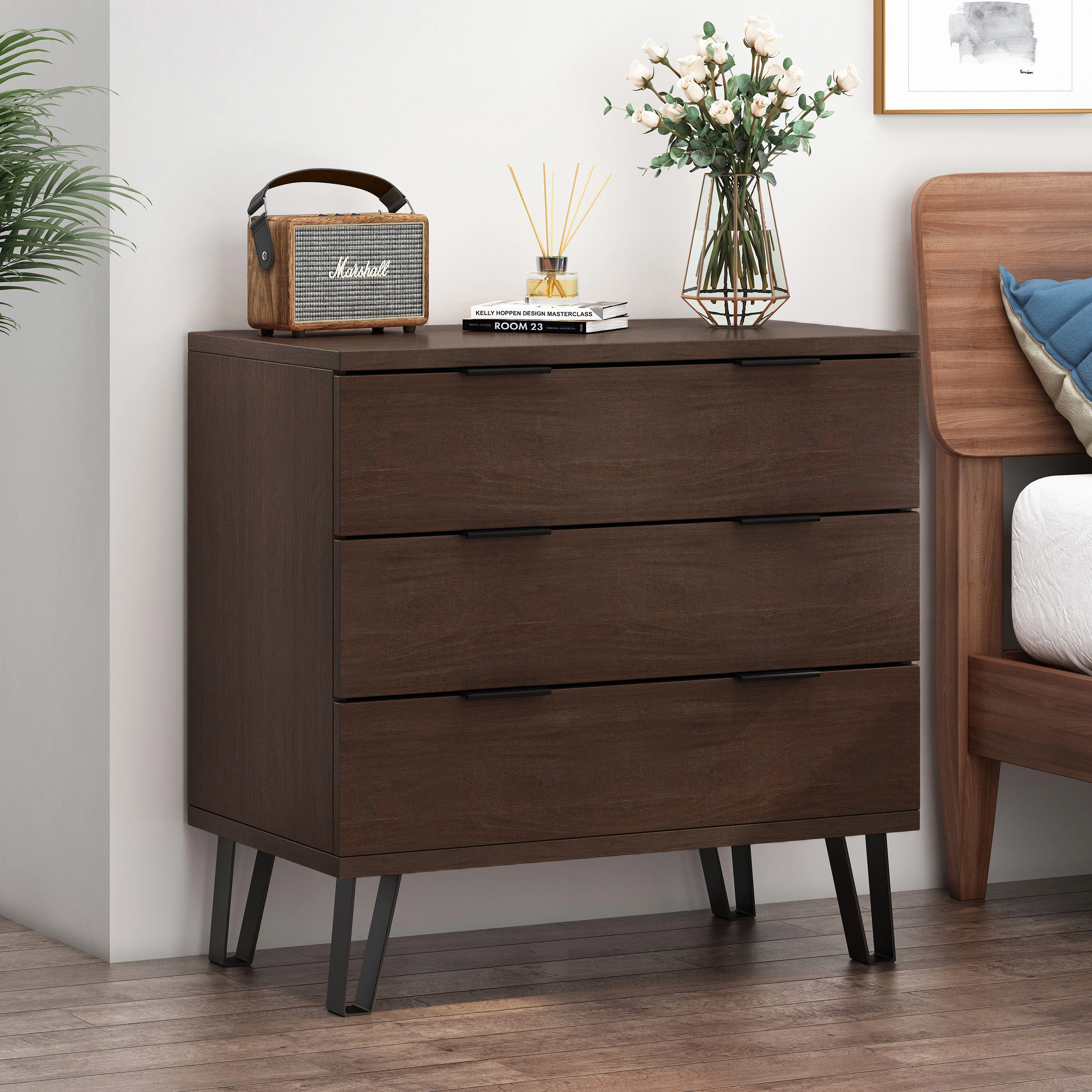 Demijen Modern Industrial 3 Drawer Wide Dresser, Walnut and Matte Black - furnishings