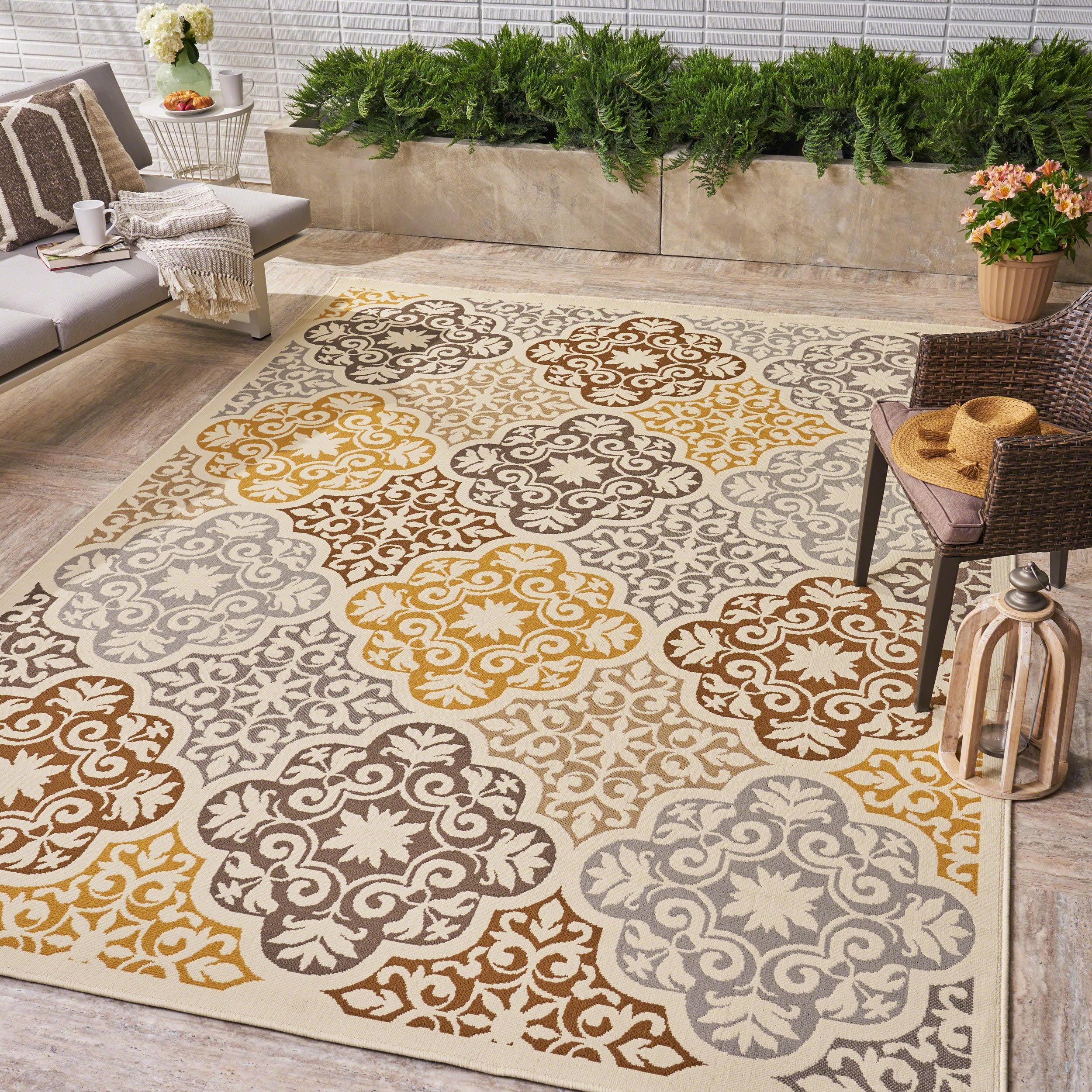 Shelton Outdoor Modern Oriental Quatrefoil Ivory and Gray Rectangular Area Rug - furnishings