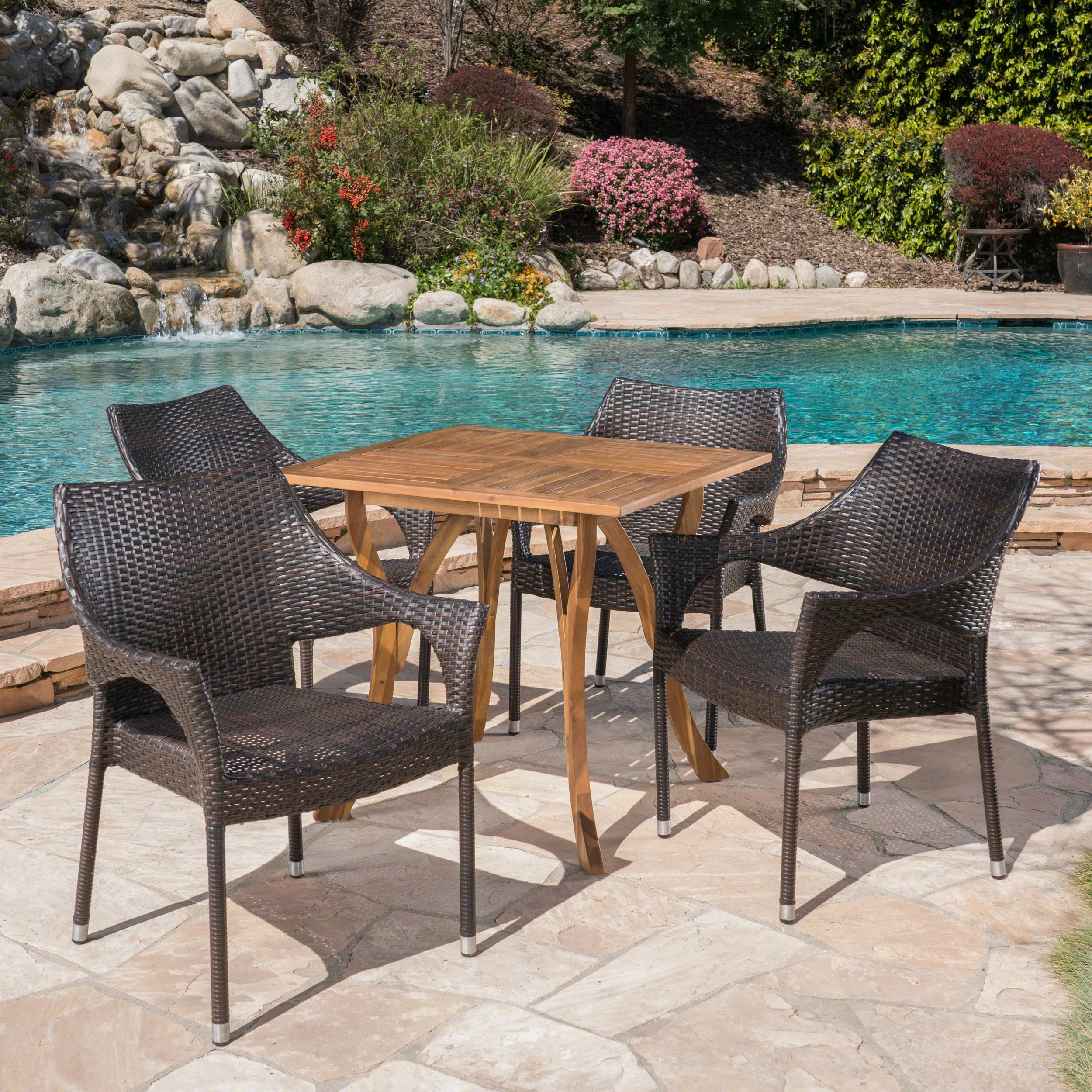 Colin Outdoor 5 Piece Acacia Wood and Wicker Square Dining Set - furnishings