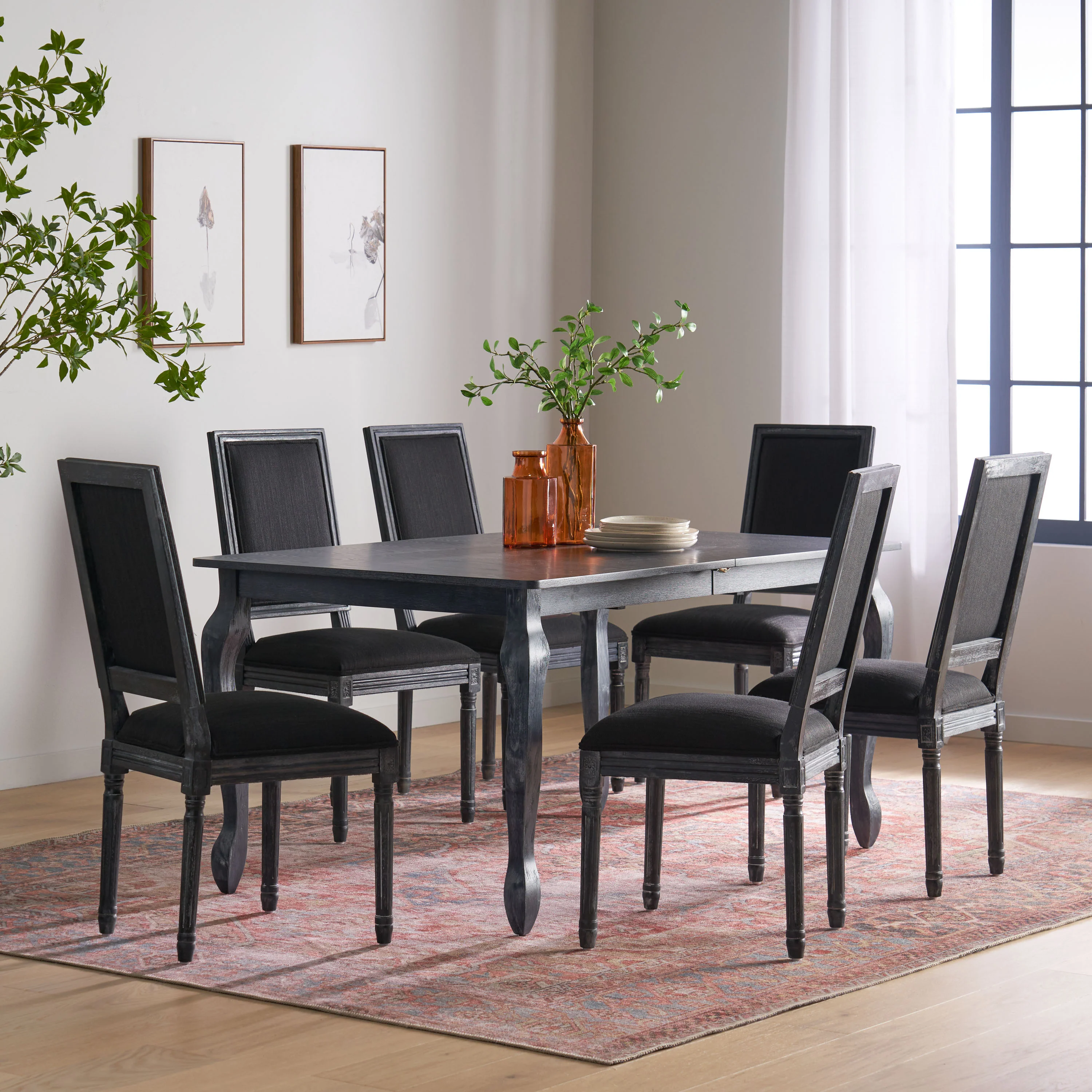 Fernleaf French Country Fabric Upholstered Wood Expandable 7 Piece Dining Set - furnishings