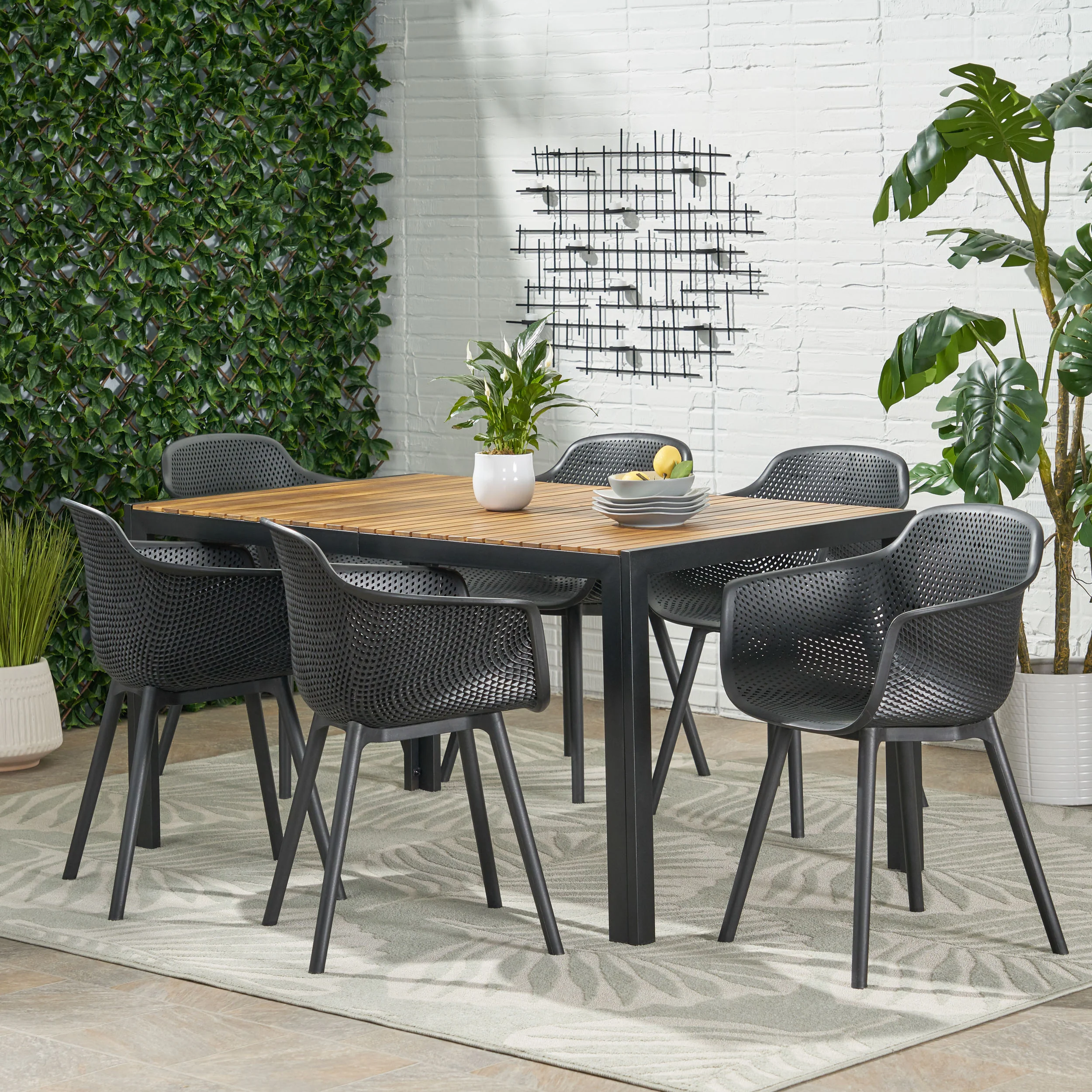 Miramar Outdoor Wood and Resin 7 Piece Dining Set, Black and Teak - furnishings
