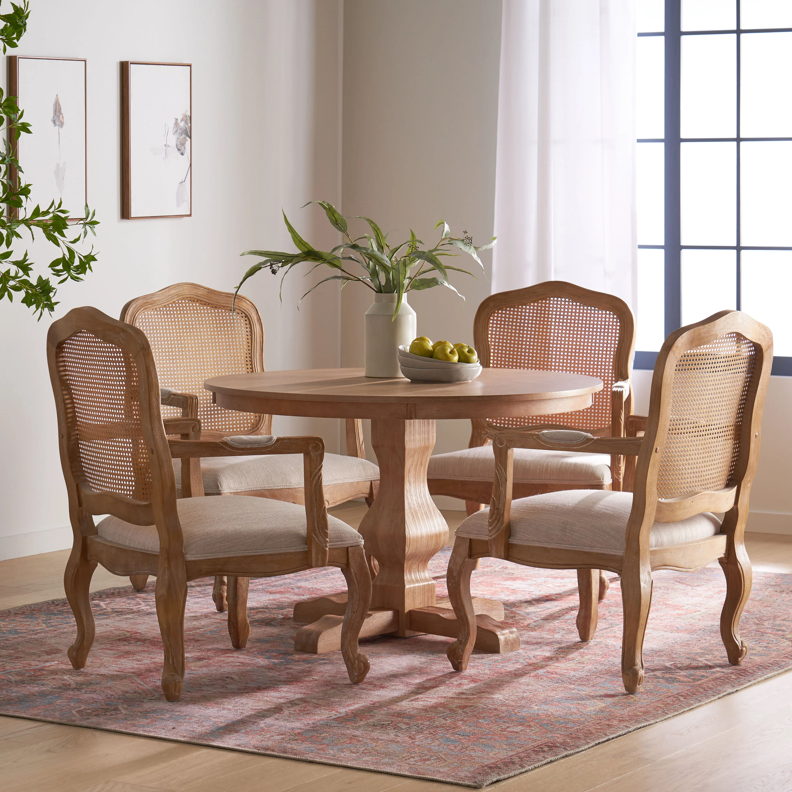 Absaroka French Country Fabric Upholstered Wood and Cane 5 Piece Circular Dining Set - furnishings