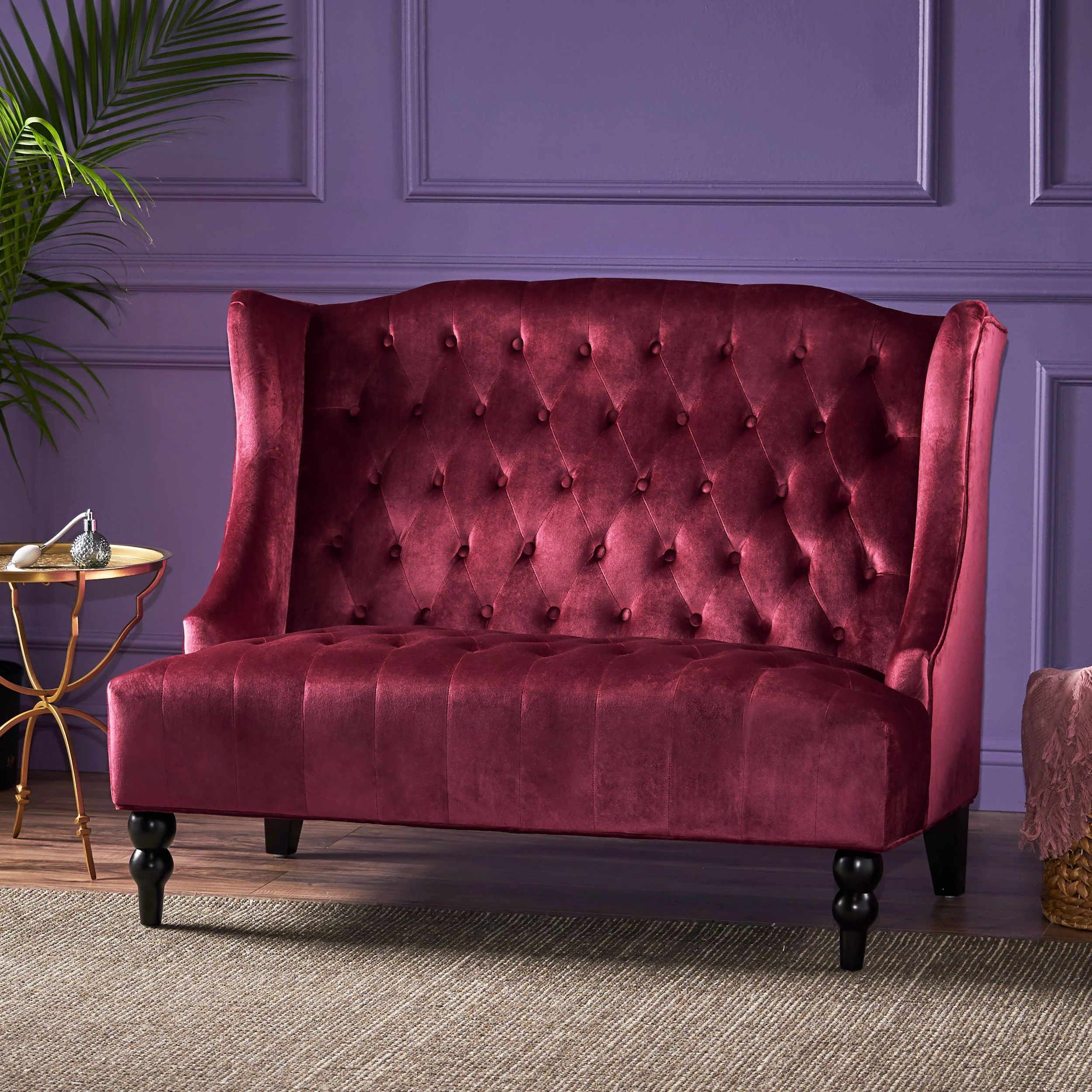 Leona French Style High Back Tufted Winged Velvet Loveseat - furnishings