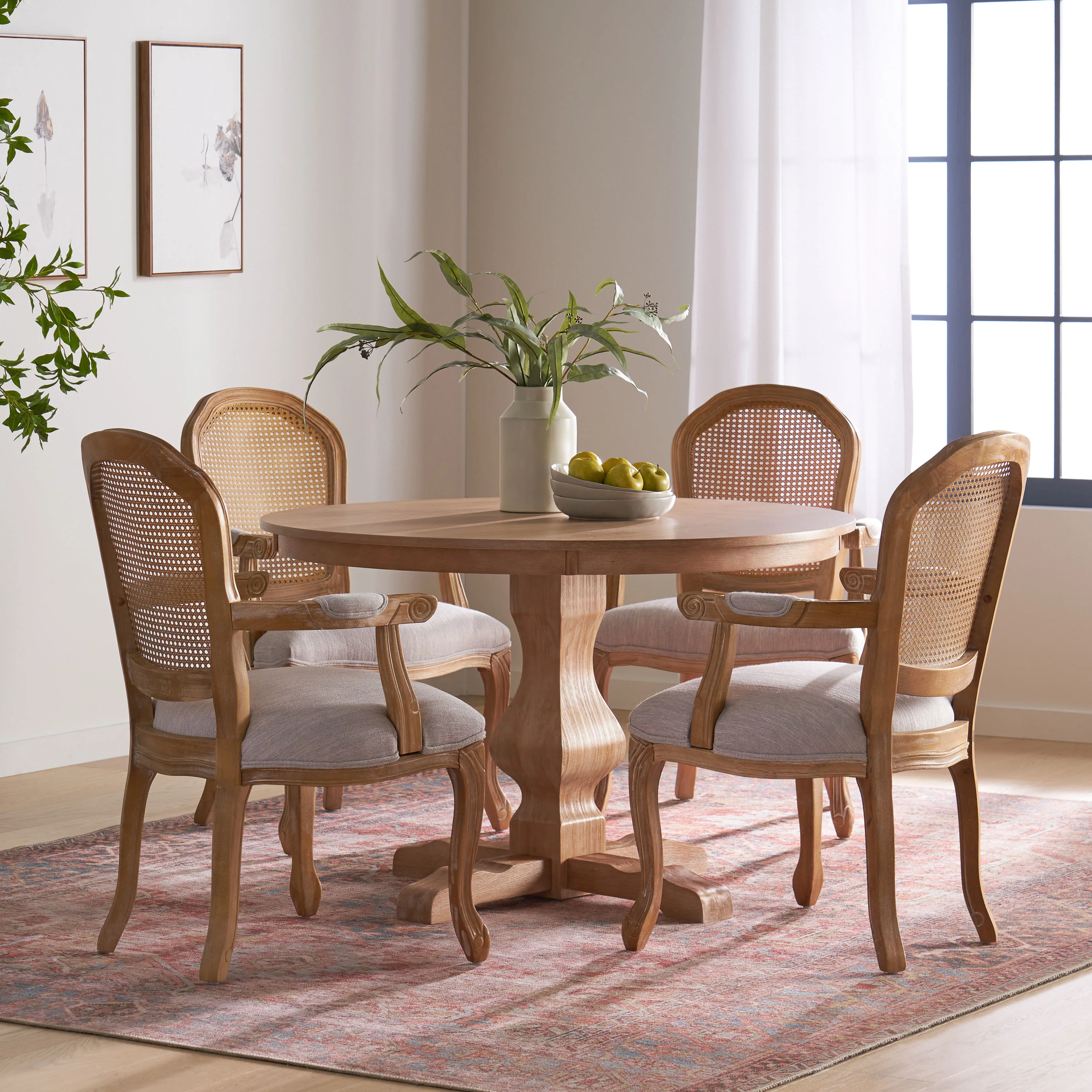 Ardyce French Country Fabric Upholstered Wood and Cane 5 Piece Circular Dining Set - furnishings