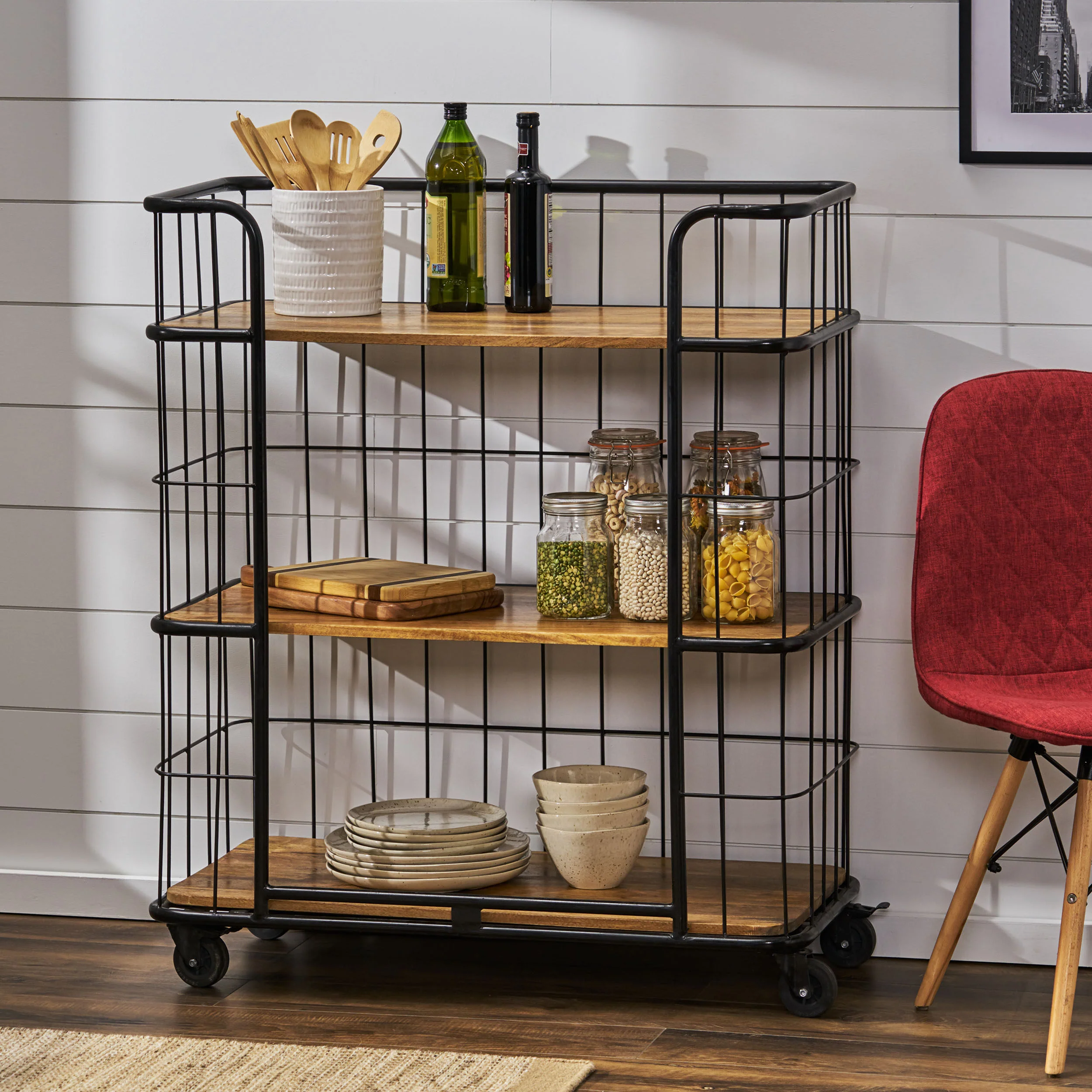 Baddow Modern Industrial Handcrafted Mango Wood Kitchen Cart with Wheels, Natural and Black - furnishings