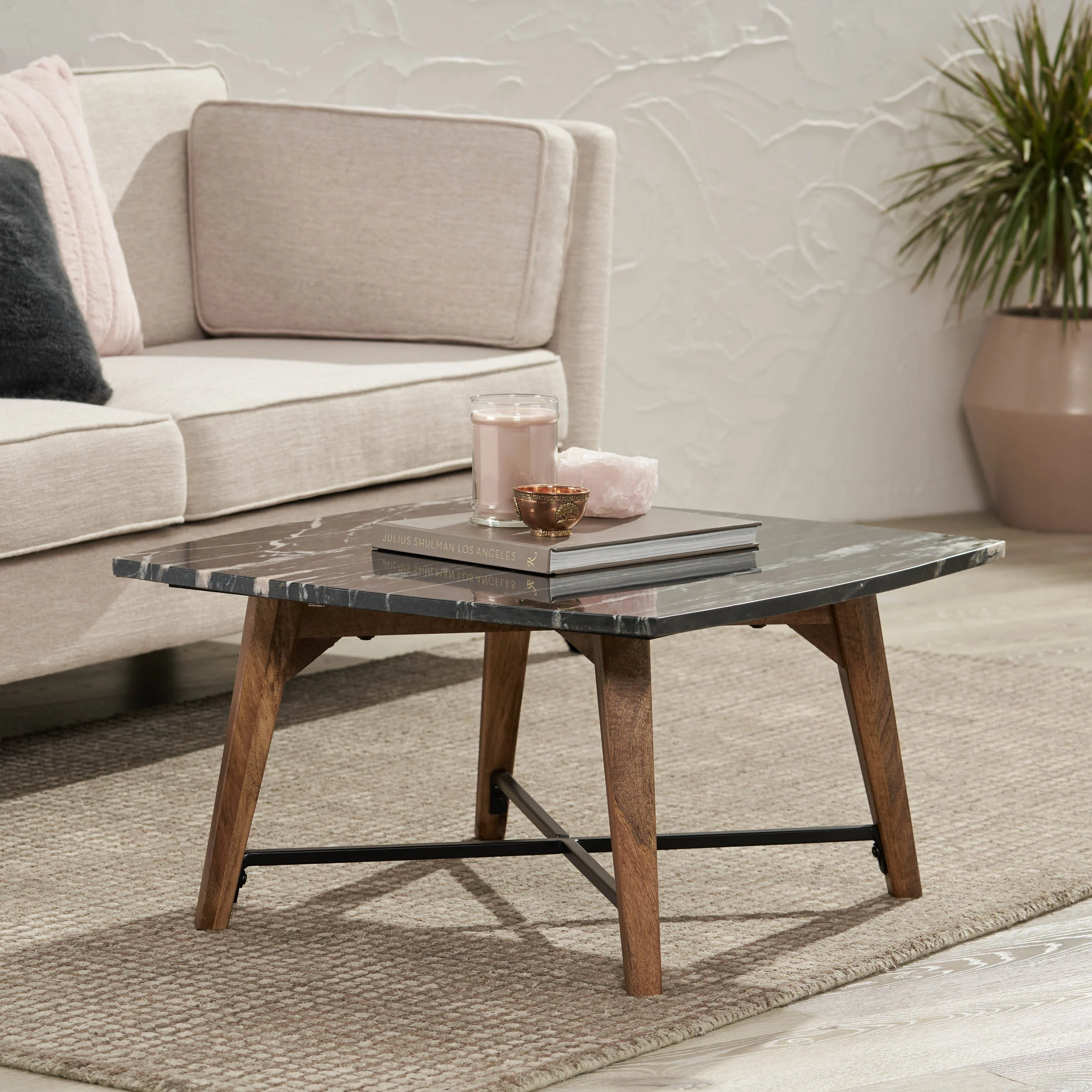 Volney Boho Glam Handcrafted Marble Top Coffee Table, Black and Dark Espresso - furnishings