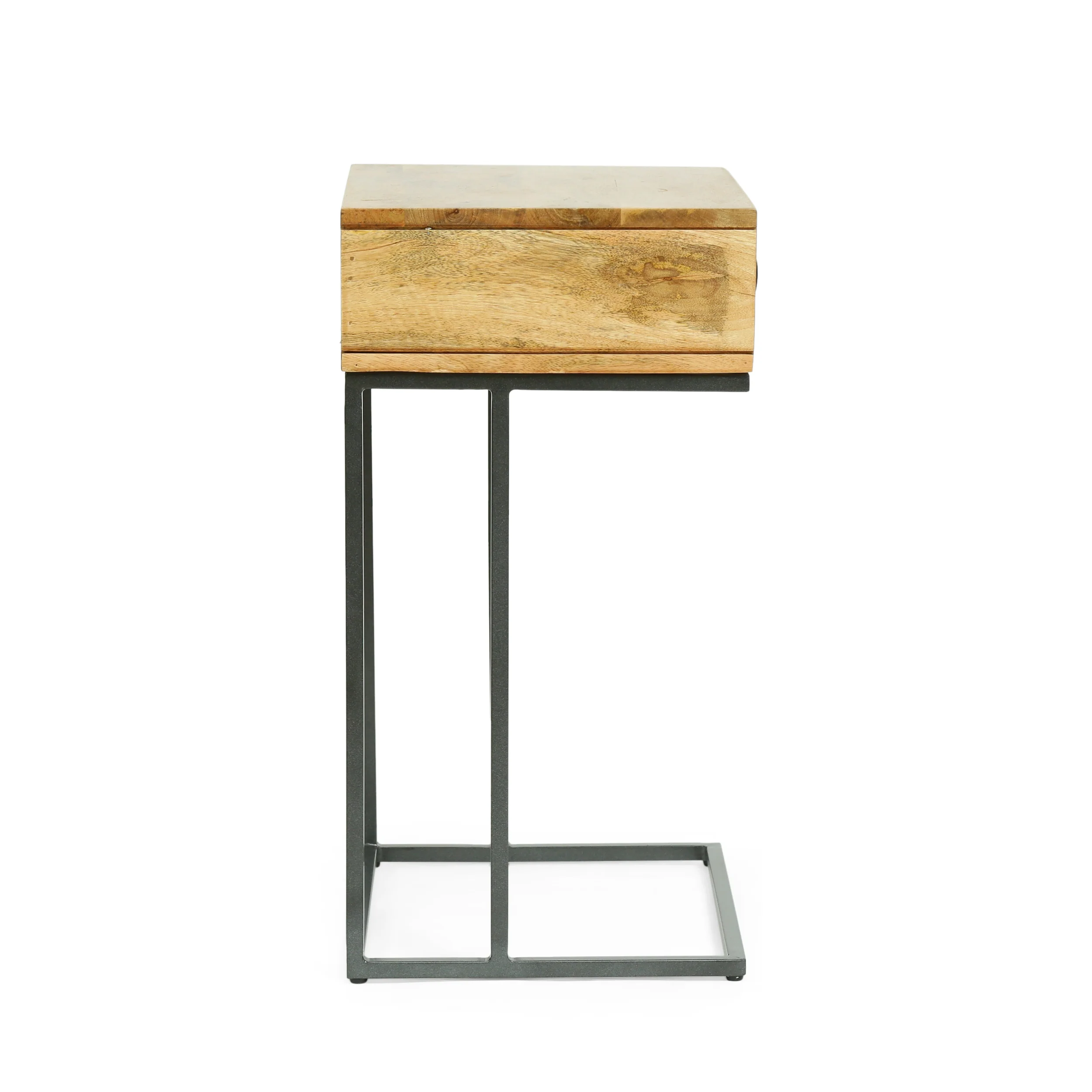 Aranda Modern Industrial Handmade Mango Wood C-Shaped Side Table with Drawer, Natural and Gray - furnishings