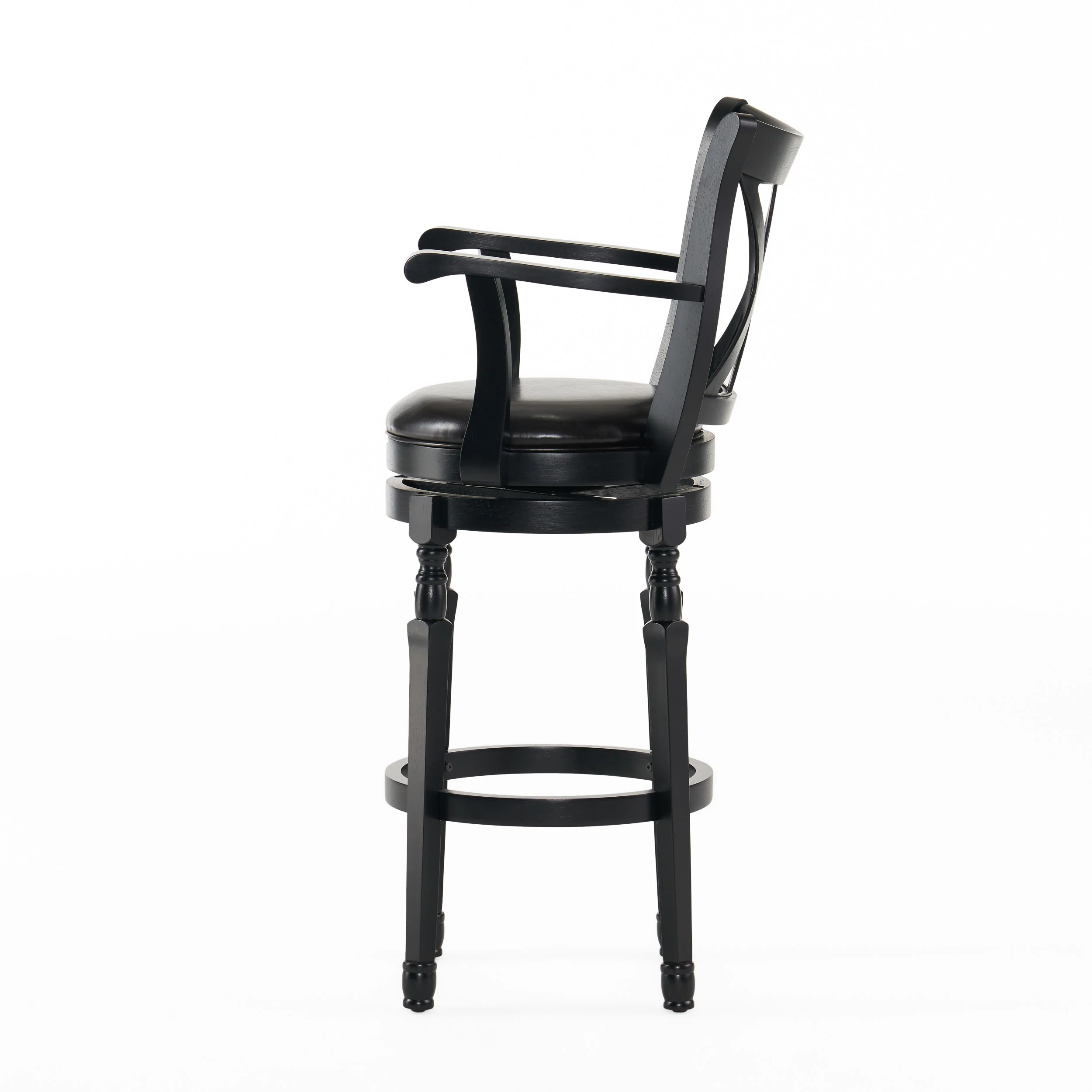 Montreal Farmhouse Black Bonded Leather Swivel Barstool with Arms - furnishings