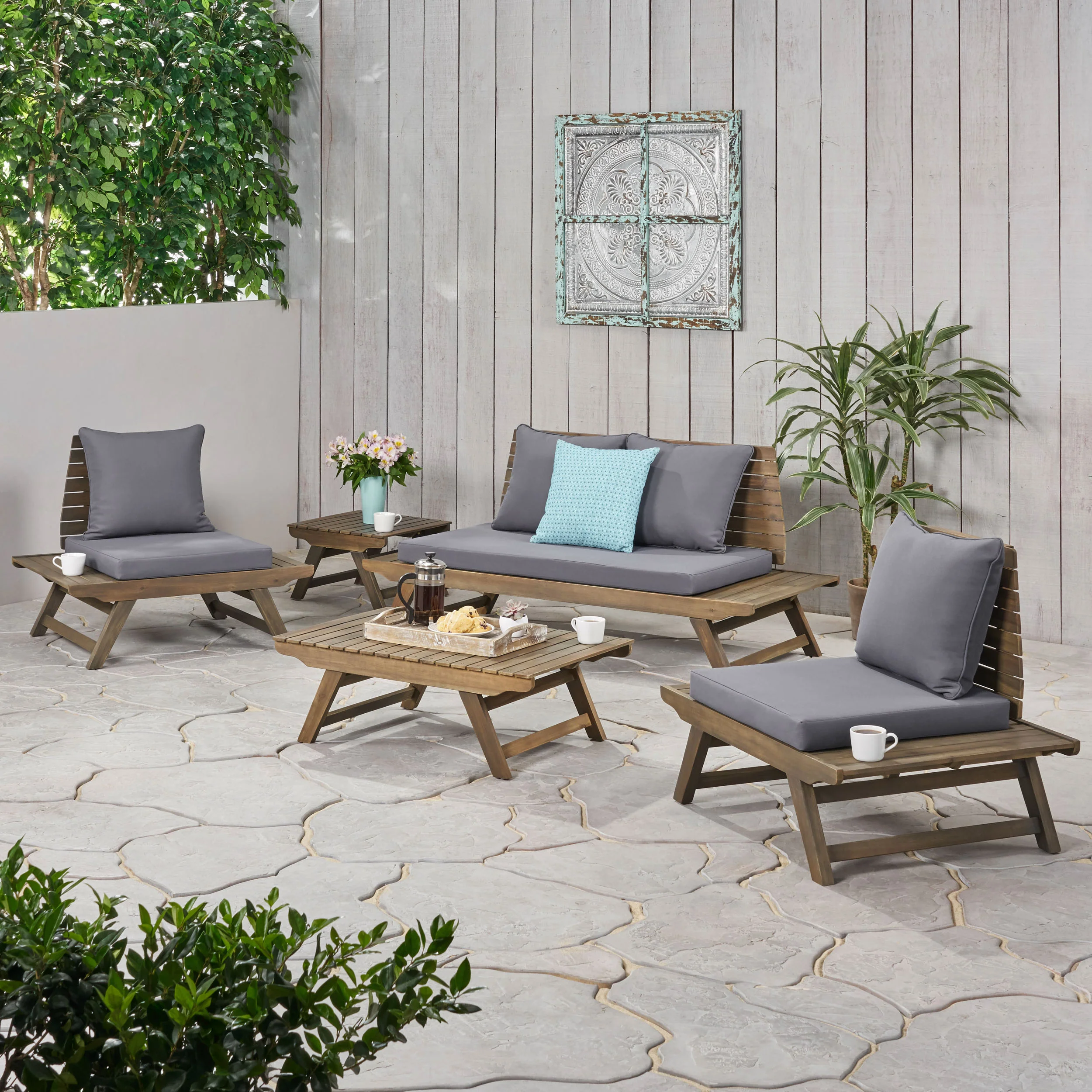 Martha Outdoor Acacia Wood 4 Seater Chat Set with Side Table and Coffee Table - furnishings