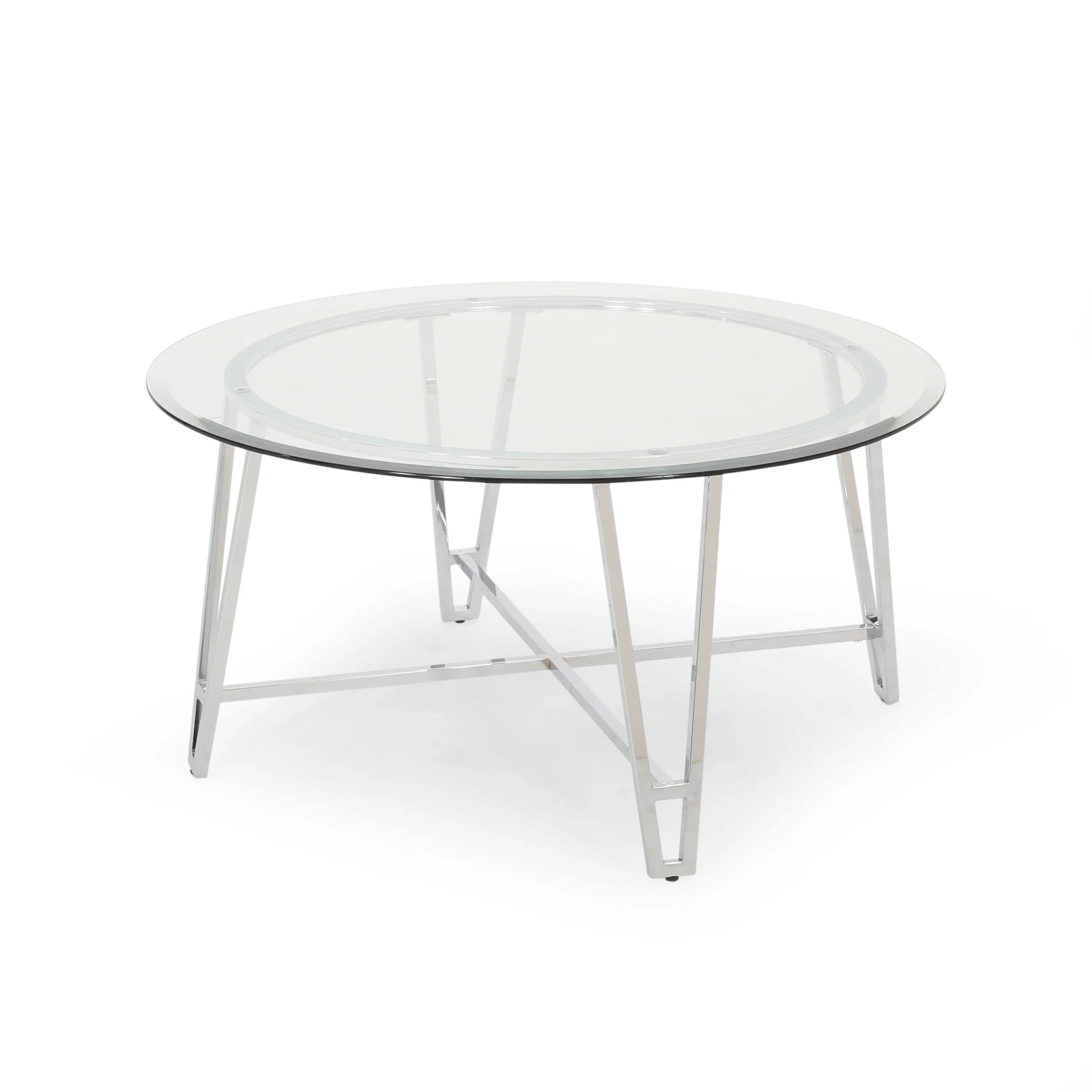 Tylenn Modern Iron Coffee Table with Round Tempered Glass Top, Silver - furnishings