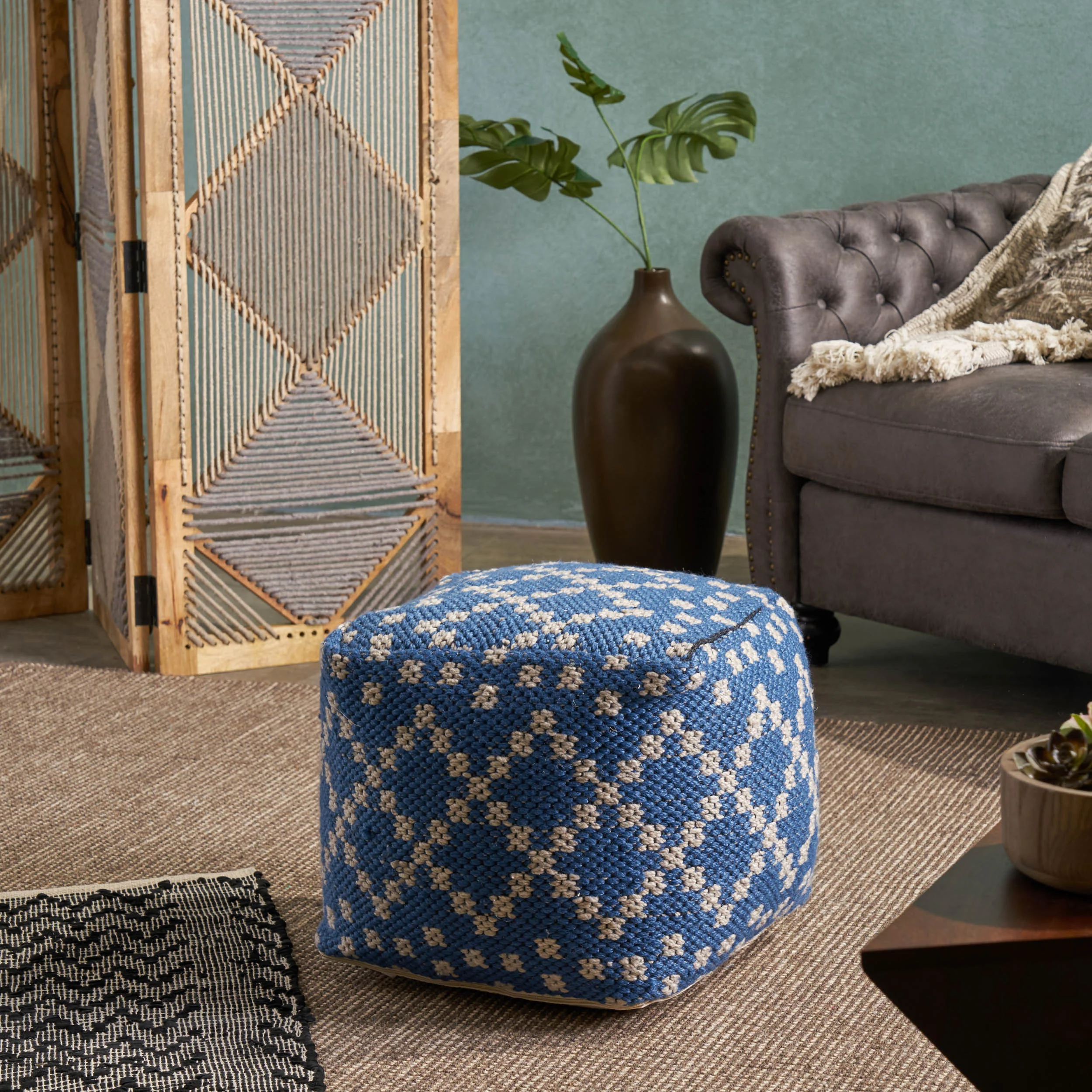 Harmony Cube Pouf, Boho, Blue and White Yarn - furnishings
