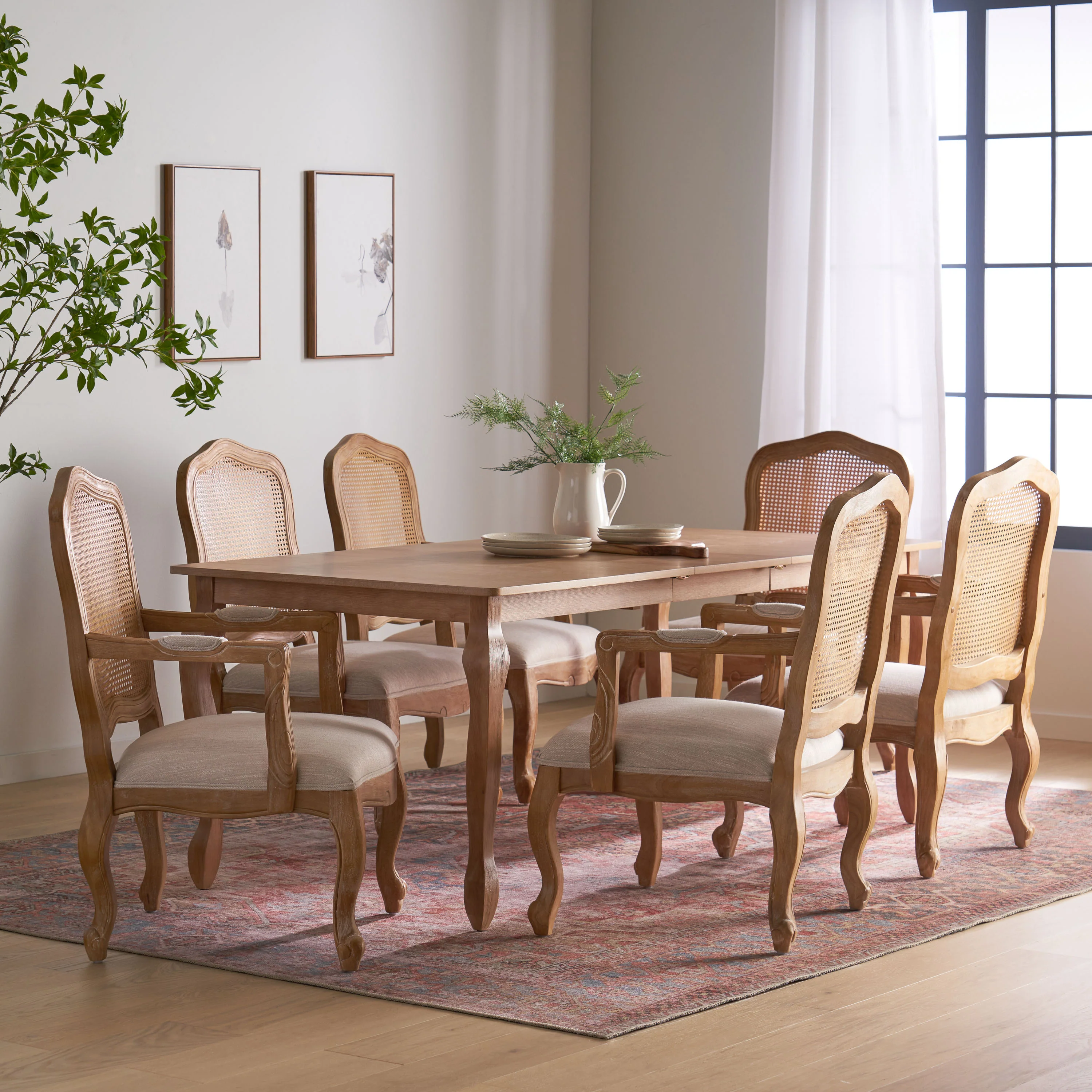 Bonview French Country Fabric Upholstered Wood and Cane Expandable 7 Piece Dining Set - furnishings