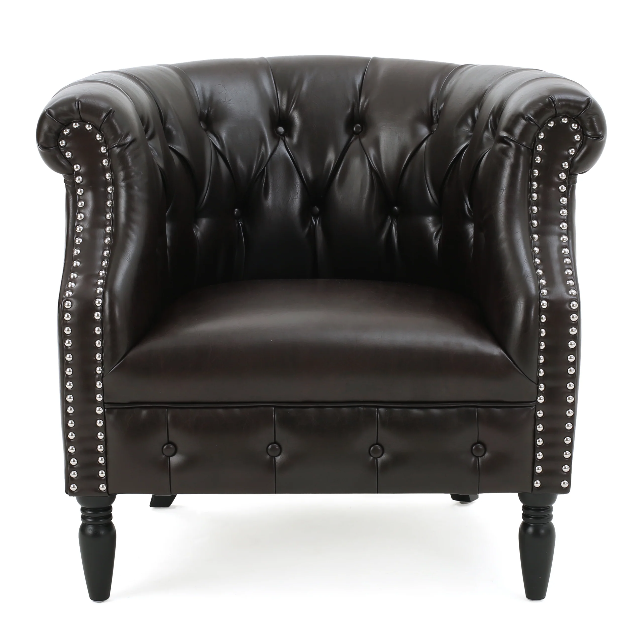 Aries Rolled Back Button Tufted Leather Tub Design Club Chair - furnishings
