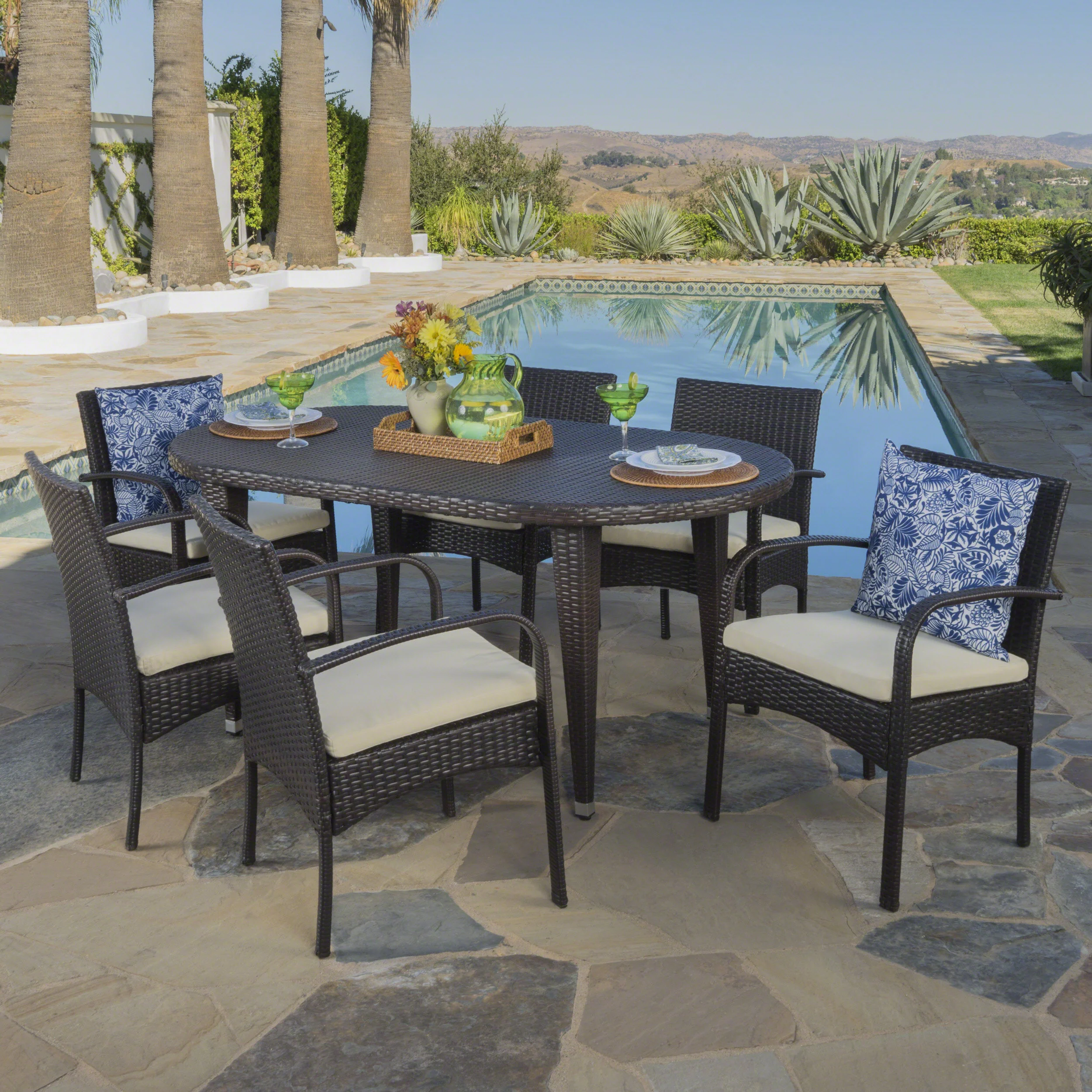 Carpenter Outdoor 7 Piece Multi-brown Wicker Dining Set with Cr?§?§me Cushions - furnishings