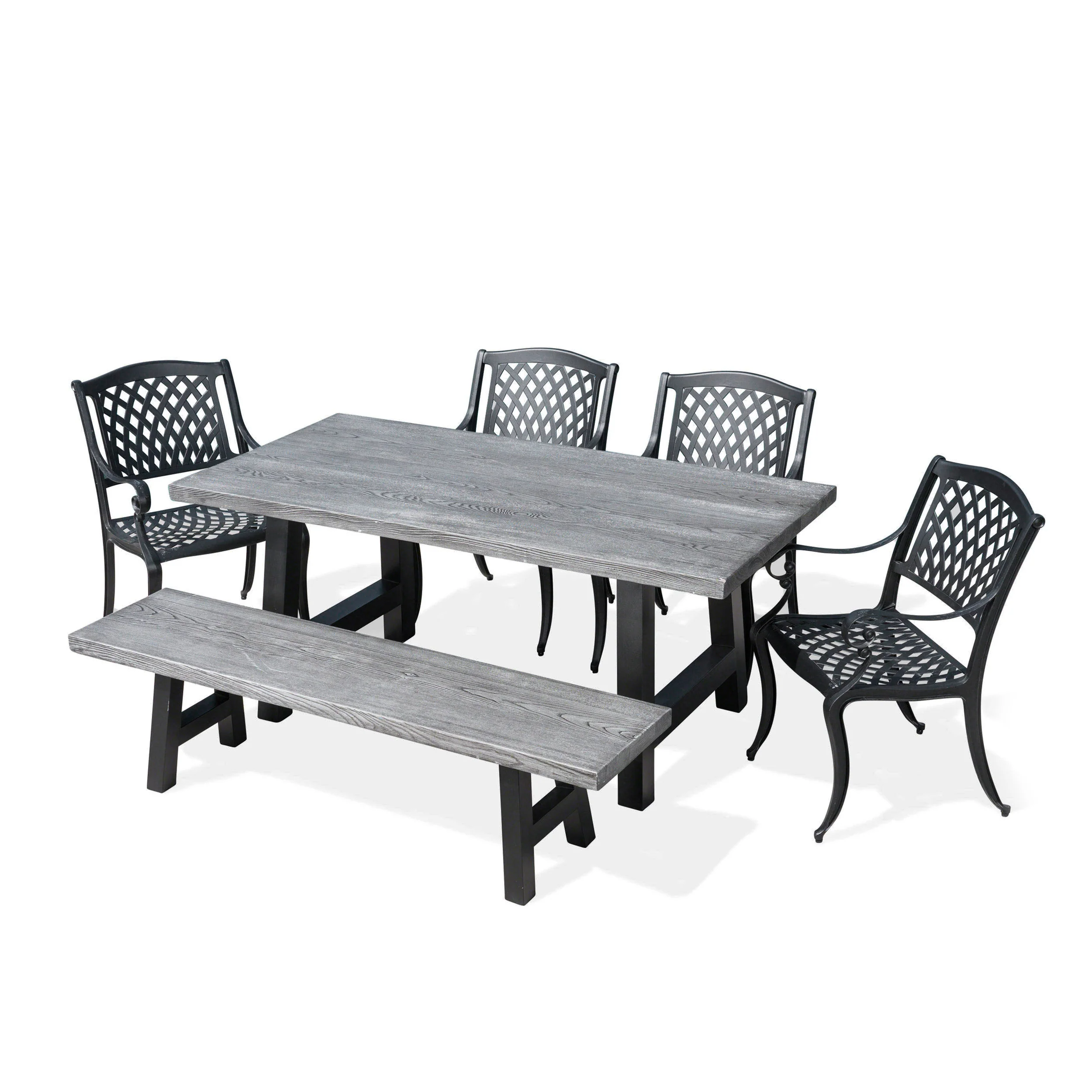 Dorris Outdoor 6 Piece Black Sand Aluminum Dining Set with Light Weight Concrete Table and Bench - furnishings