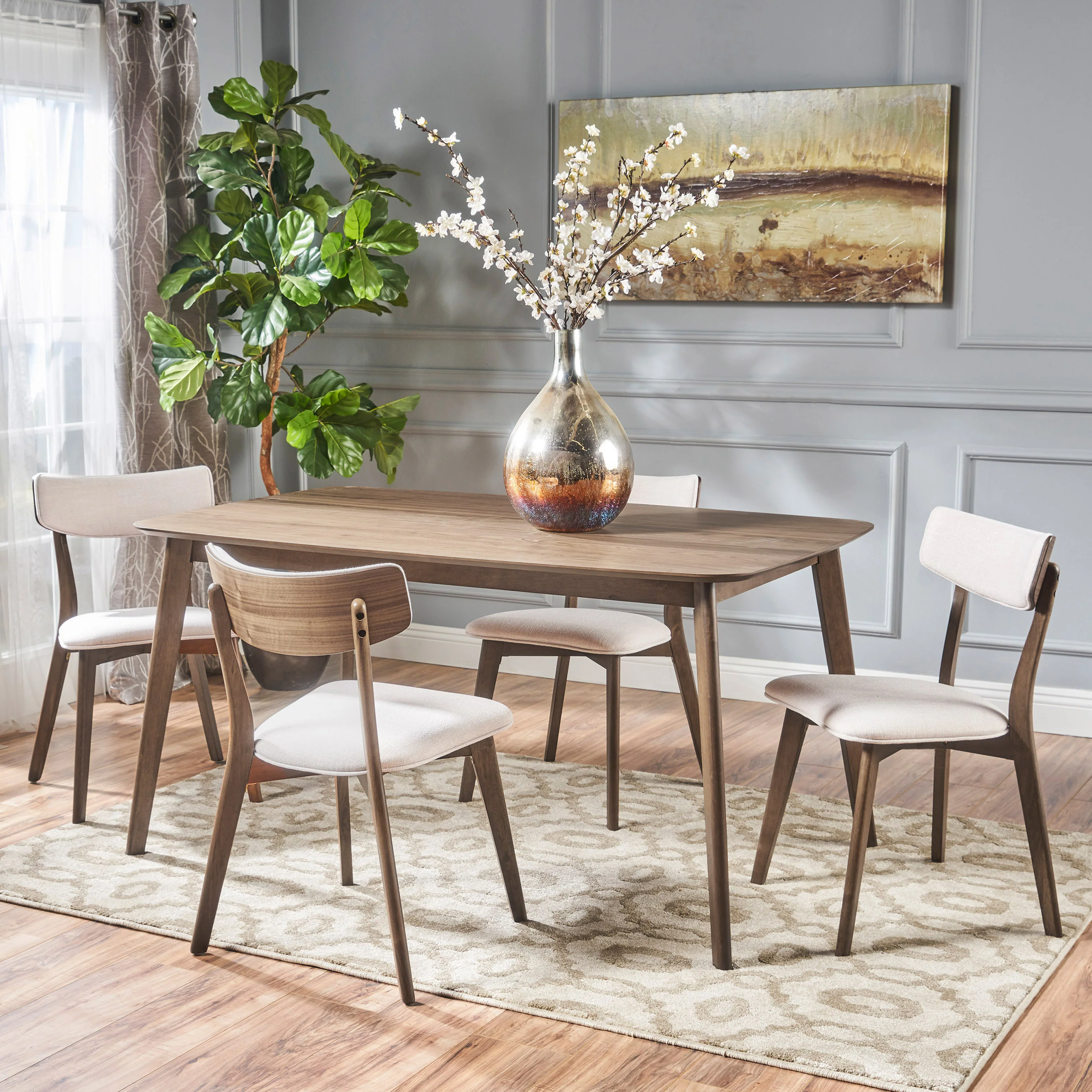Aman Mid Century Finished 5 Piece Wood Dining Set with Fabric Chairs - furnishings