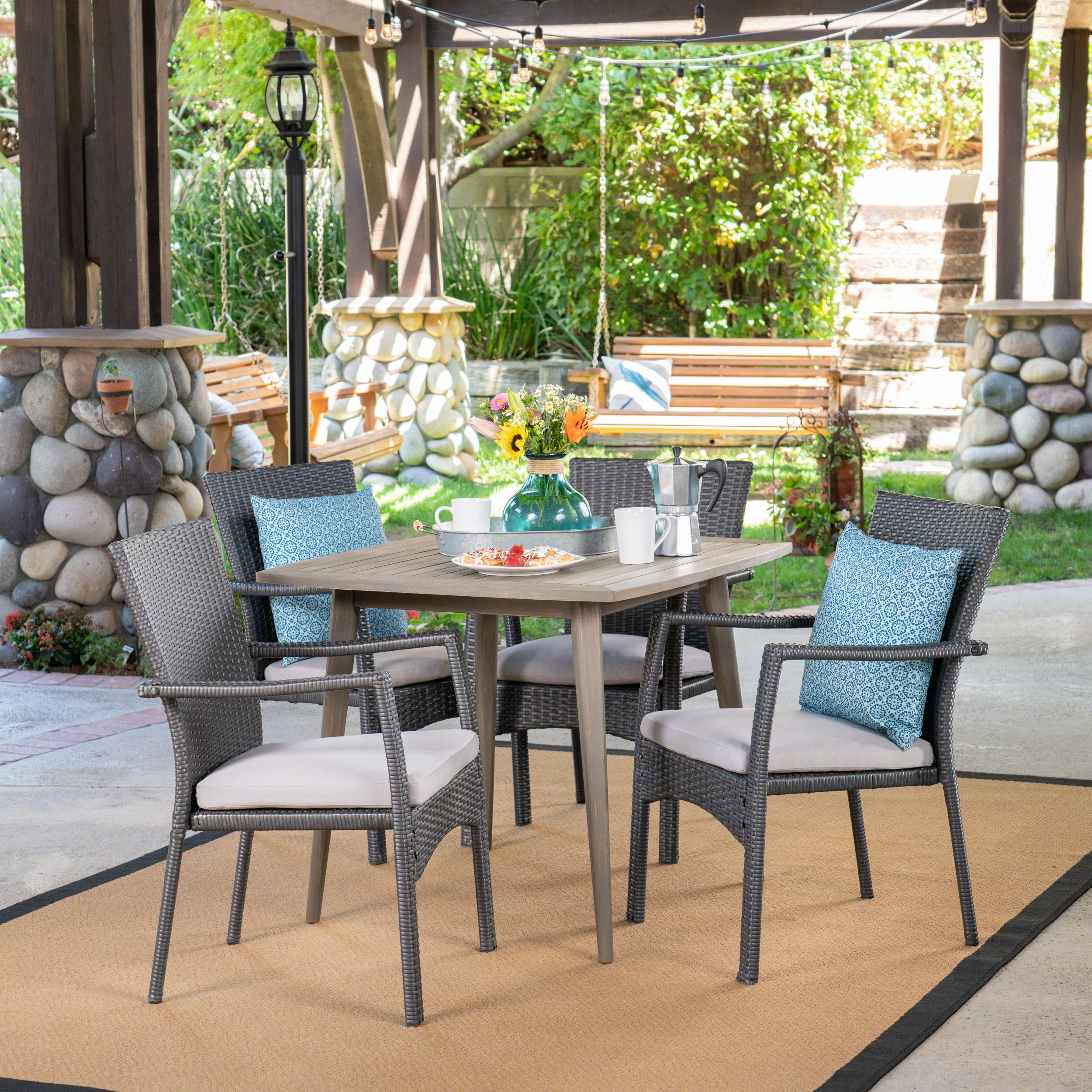 Leah Outdoor Coastal 5 Piece Wicker Dining Set with Slat-Top Acacia Wood Table - furnishings