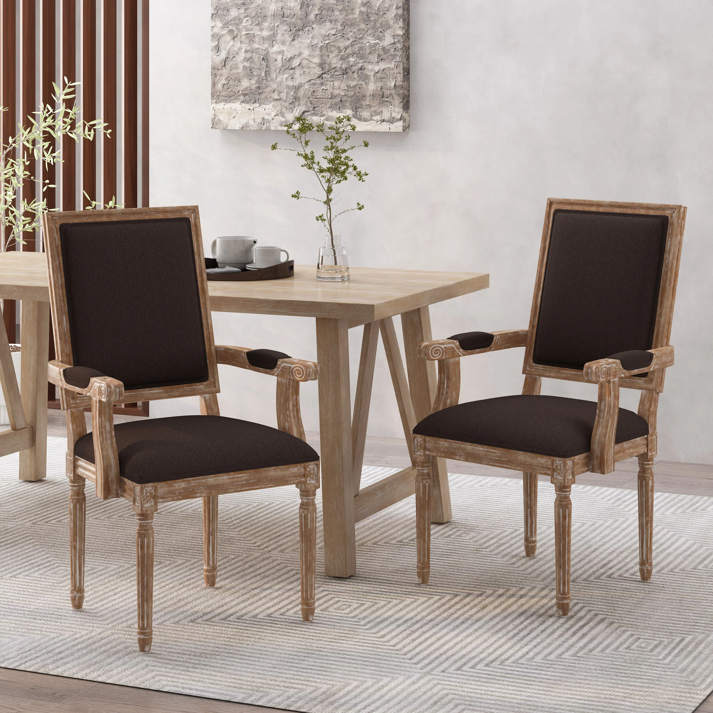 Ashlyn French Country Fabric Upholstered Wood Dining Chairs, Set of 2 - furnishings