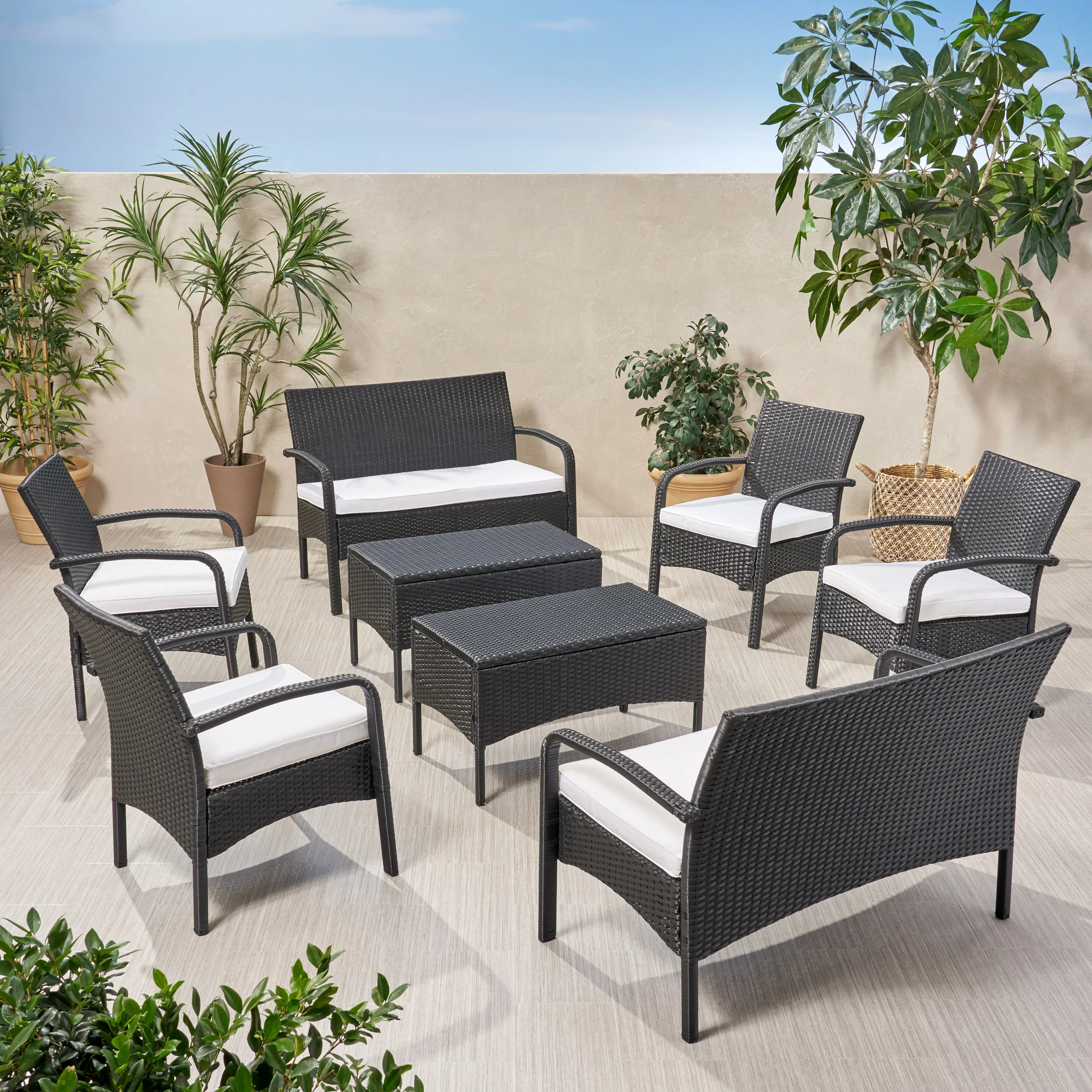 Carmela Outdoor 8 Seater Wicker Chat Set with Cushions - furnishings