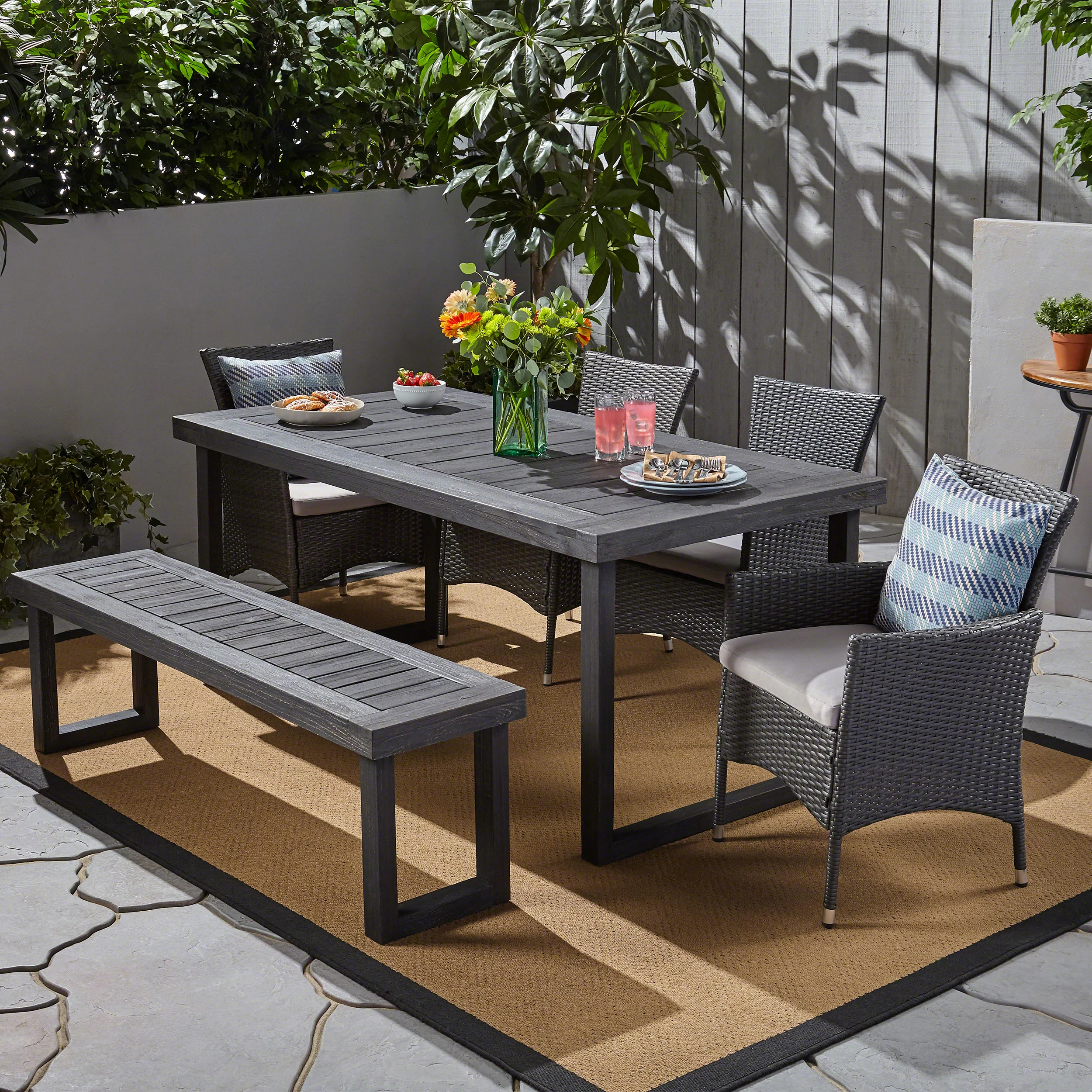 Agnes Outdoor 6-Seater Wood and Wicker Chair and Bench Dining Set - furnishings