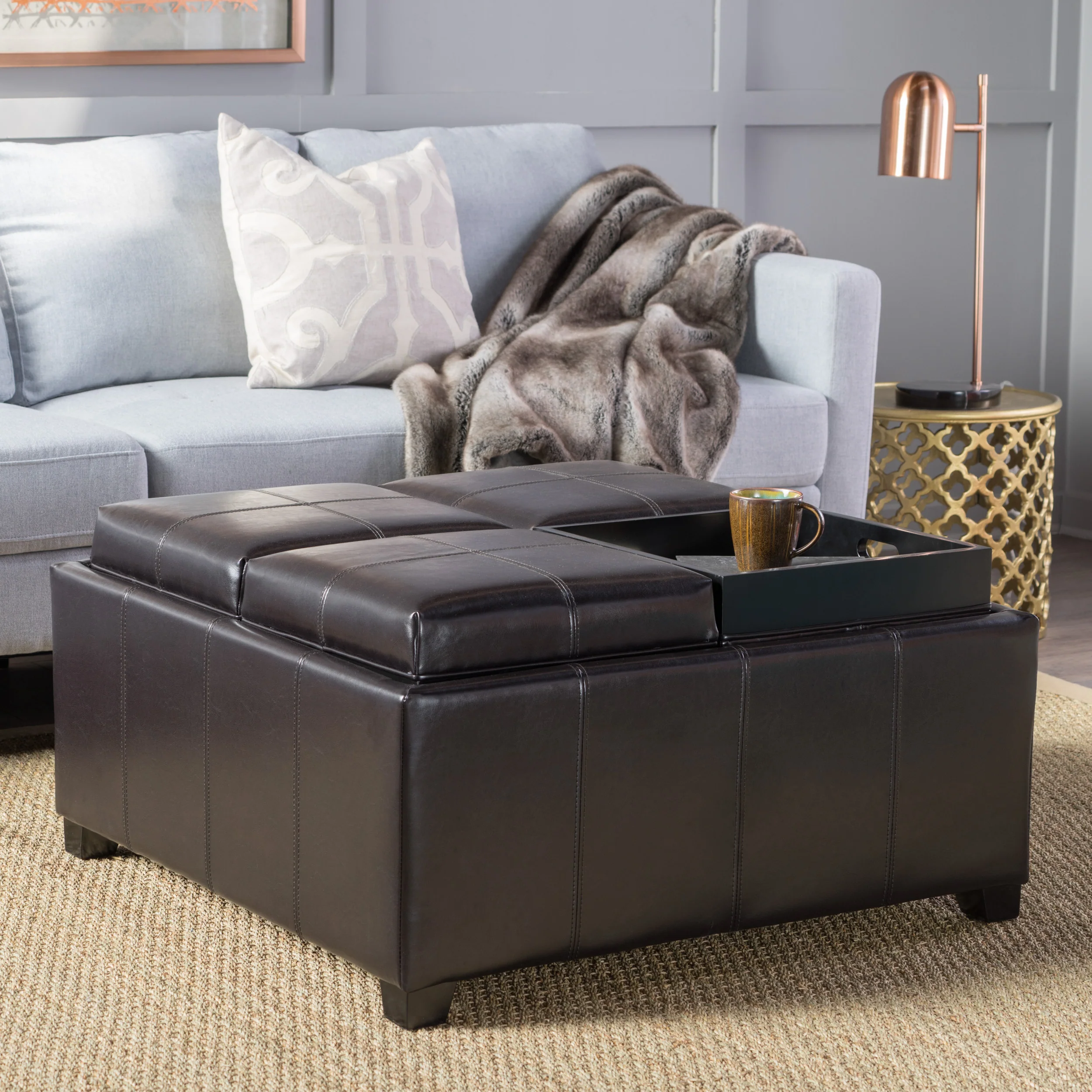 Harley Leather 4-Tray-Top Storage Ottoman Coffee Table - furnishings