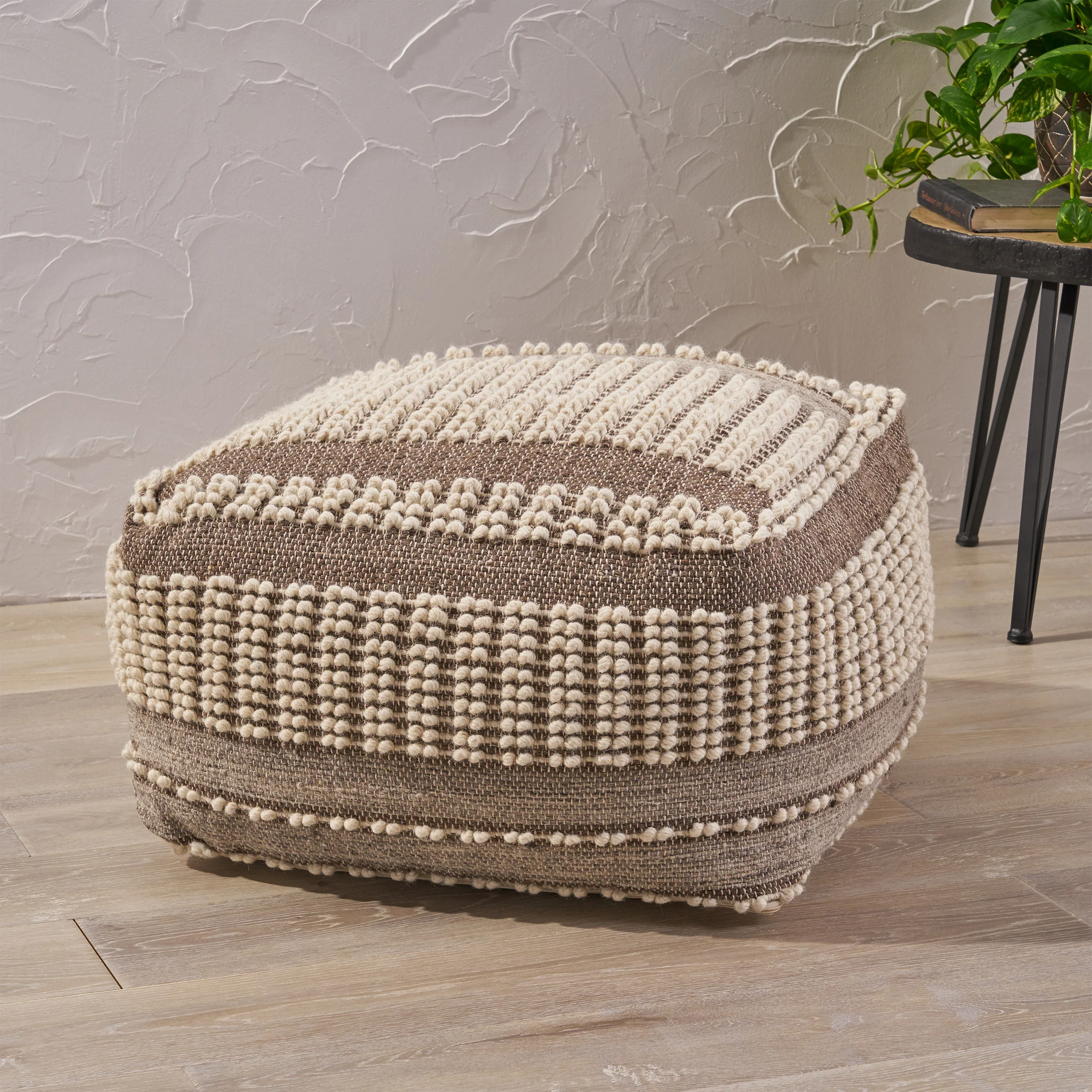 Amiriah Boho Wool and Cotton Ottoman Pouf - furnishings