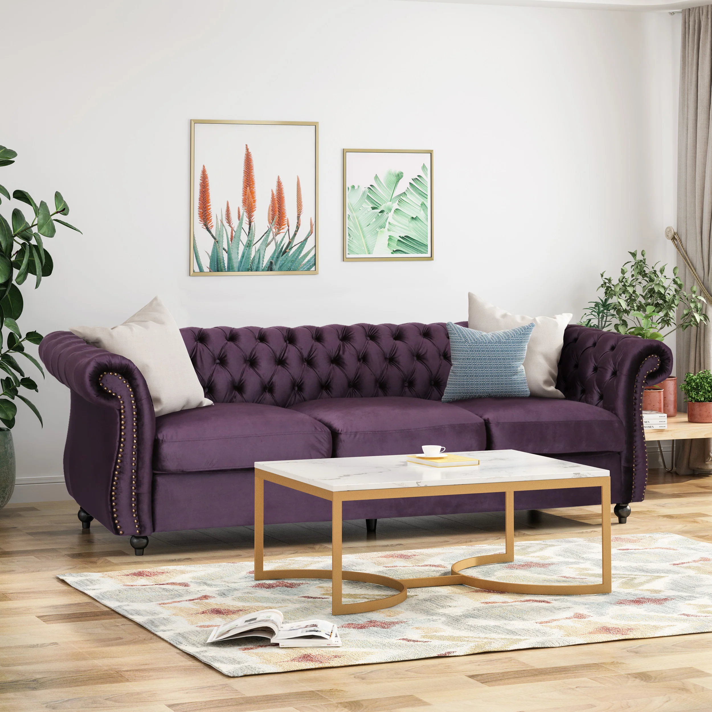 Vita Chesterfield Tufted Microfiber Sofa with Scroll Arms - furnishings