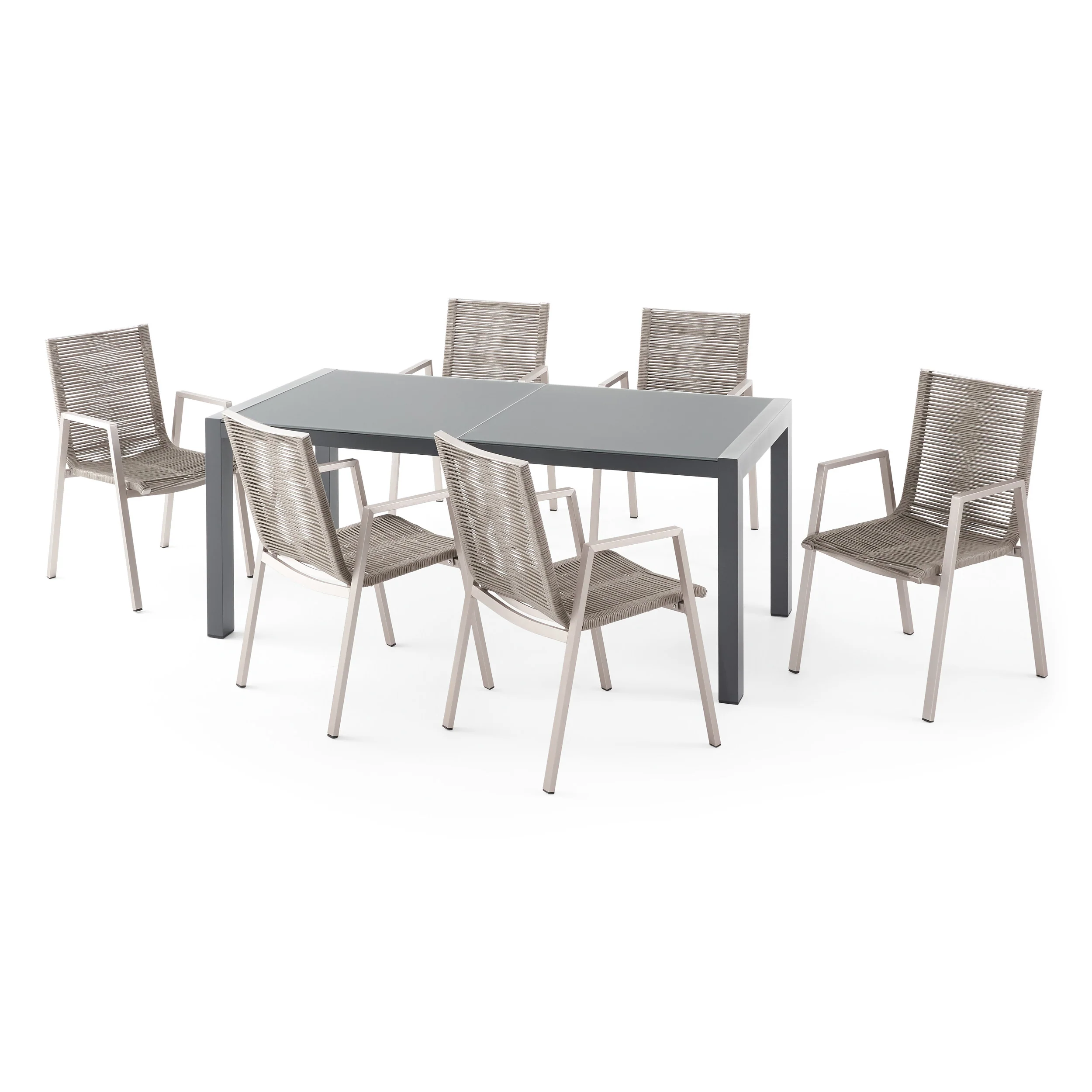 Amir Outdoor Modern 6 Seater Aluminum Dining Set with Tempered Glass Top - furnishings