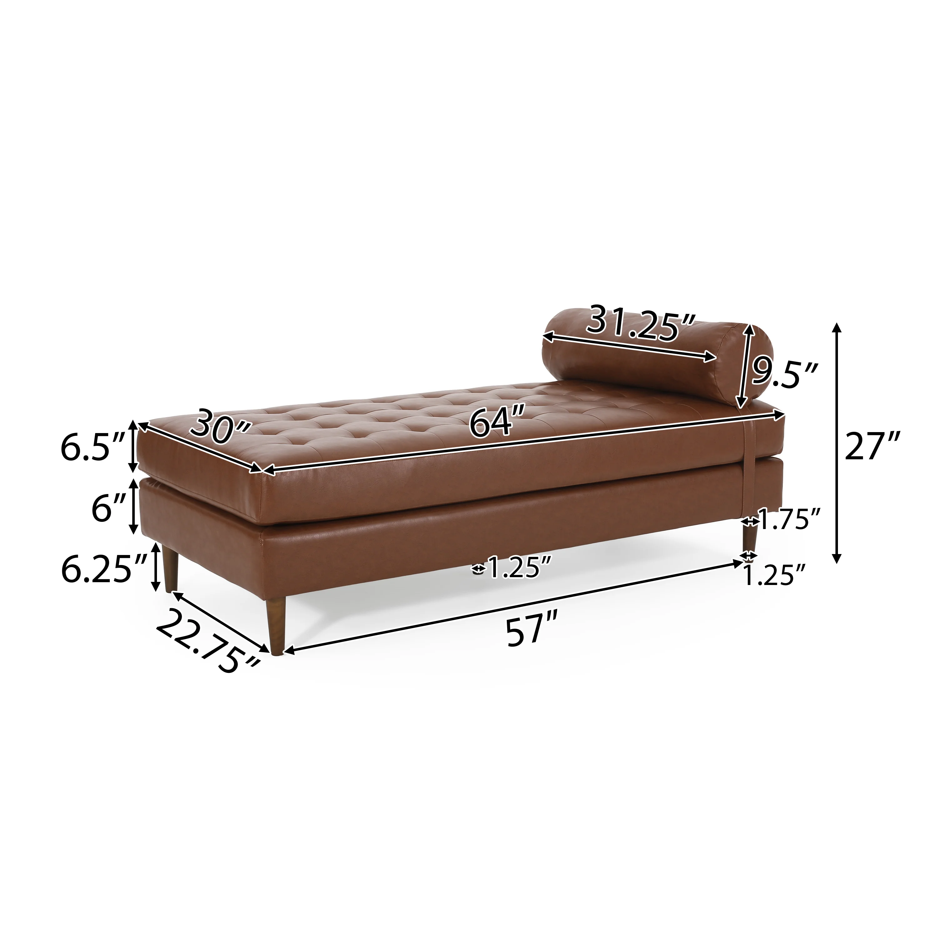 Elkjer Mid Century Modern Faux Leather Tufted Chaise Lounge with Bolster Pillow - furnishings