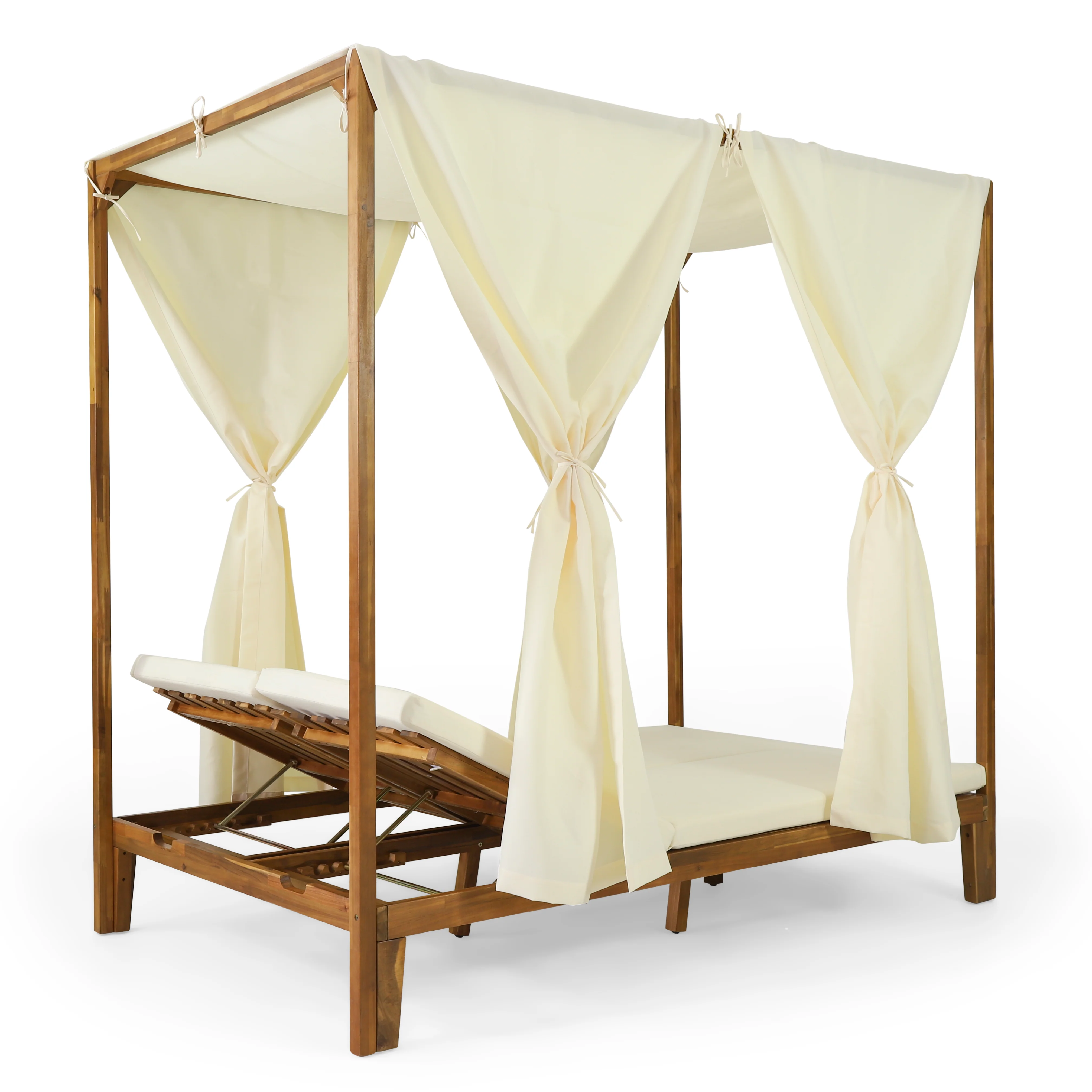 Leaverton Outdoor 2 Seater Adjustable Acacia Wood Daybed with Curtains - furnishings