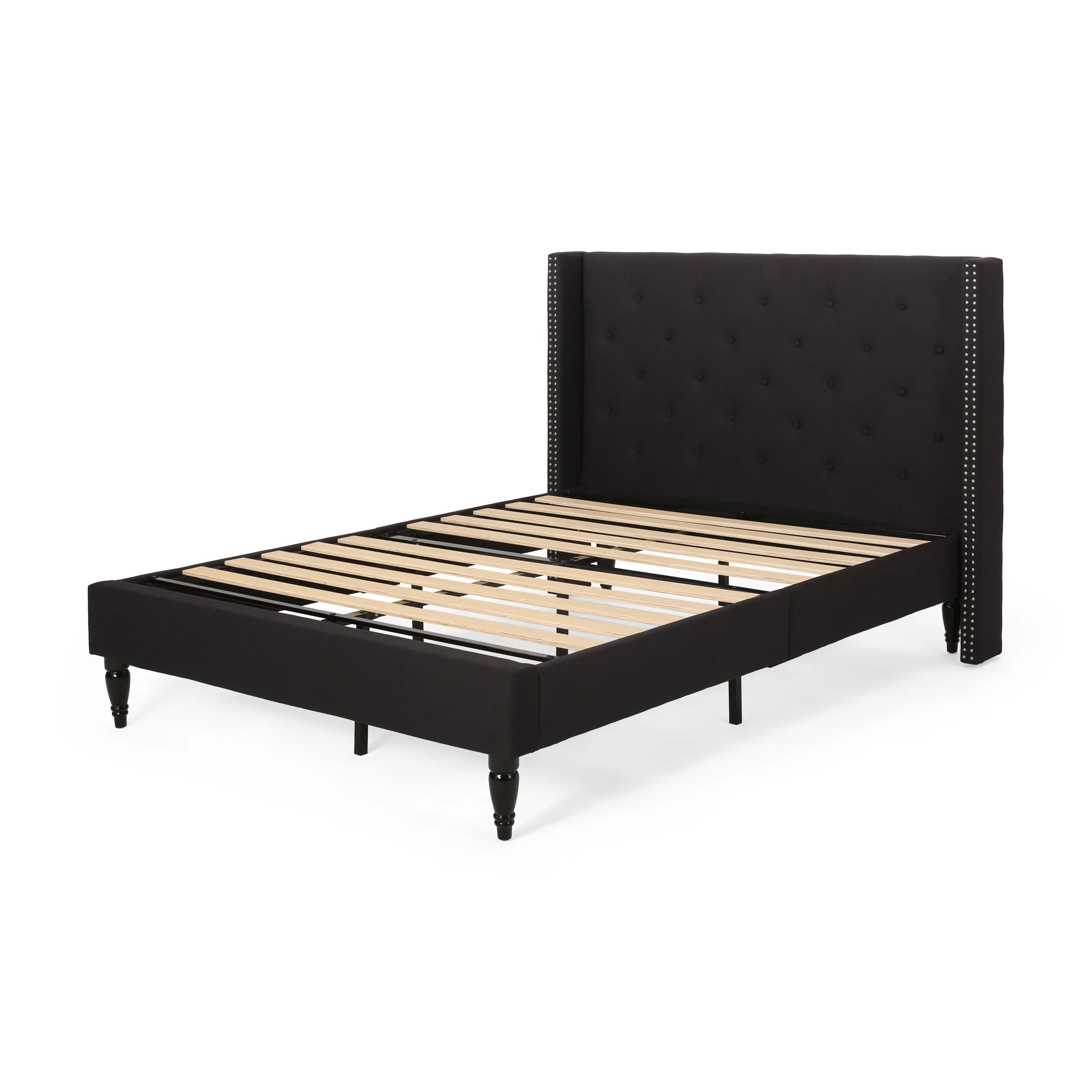 Ray Contemporary Rhinestone-Tufted Wingback Bed Frame with Nailhead Trim - furnishings