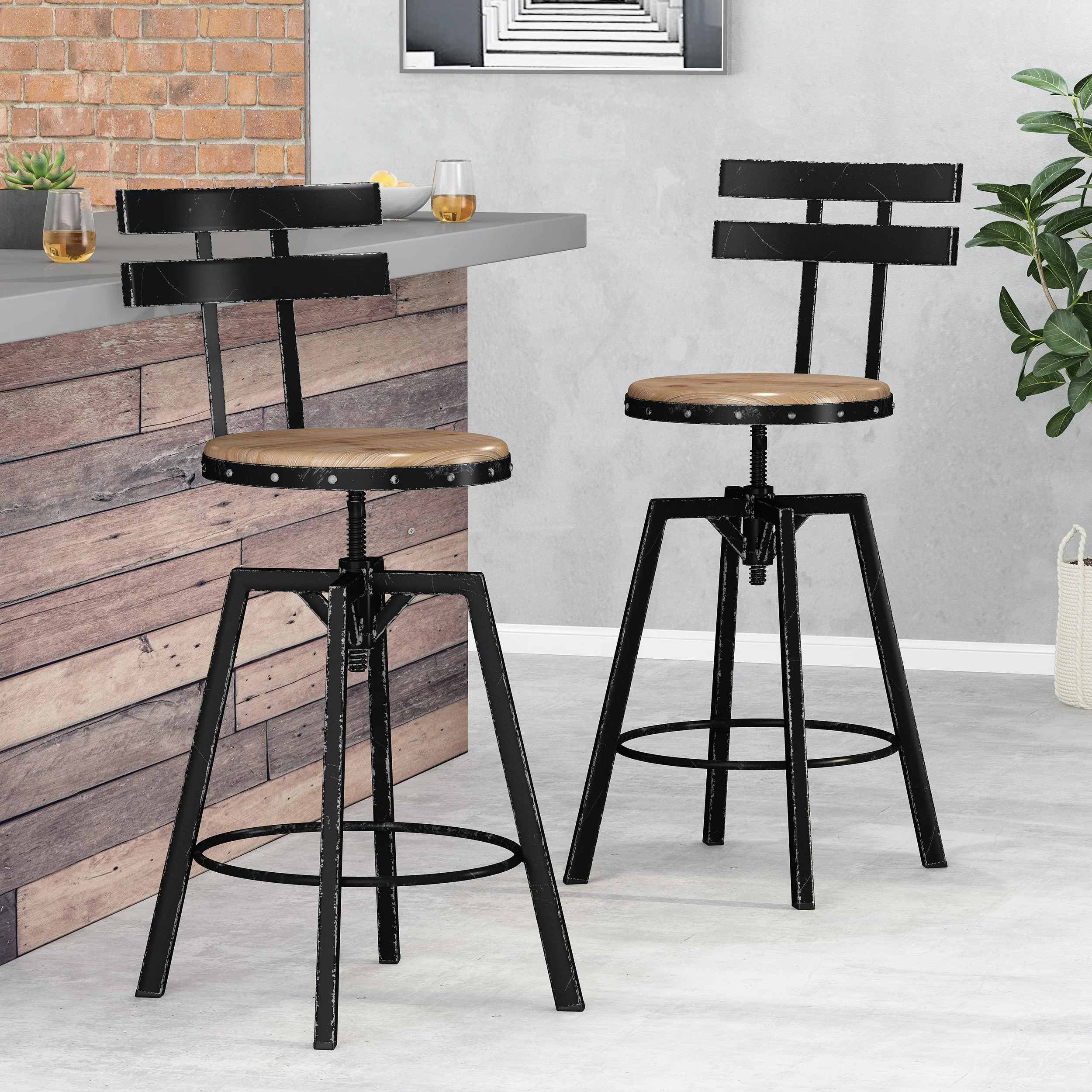 Vernon Modern Industrial Firwood Adjustable Height Swivel Barstools, Set of 2, Antique and Black Brushed Silver - furnishings