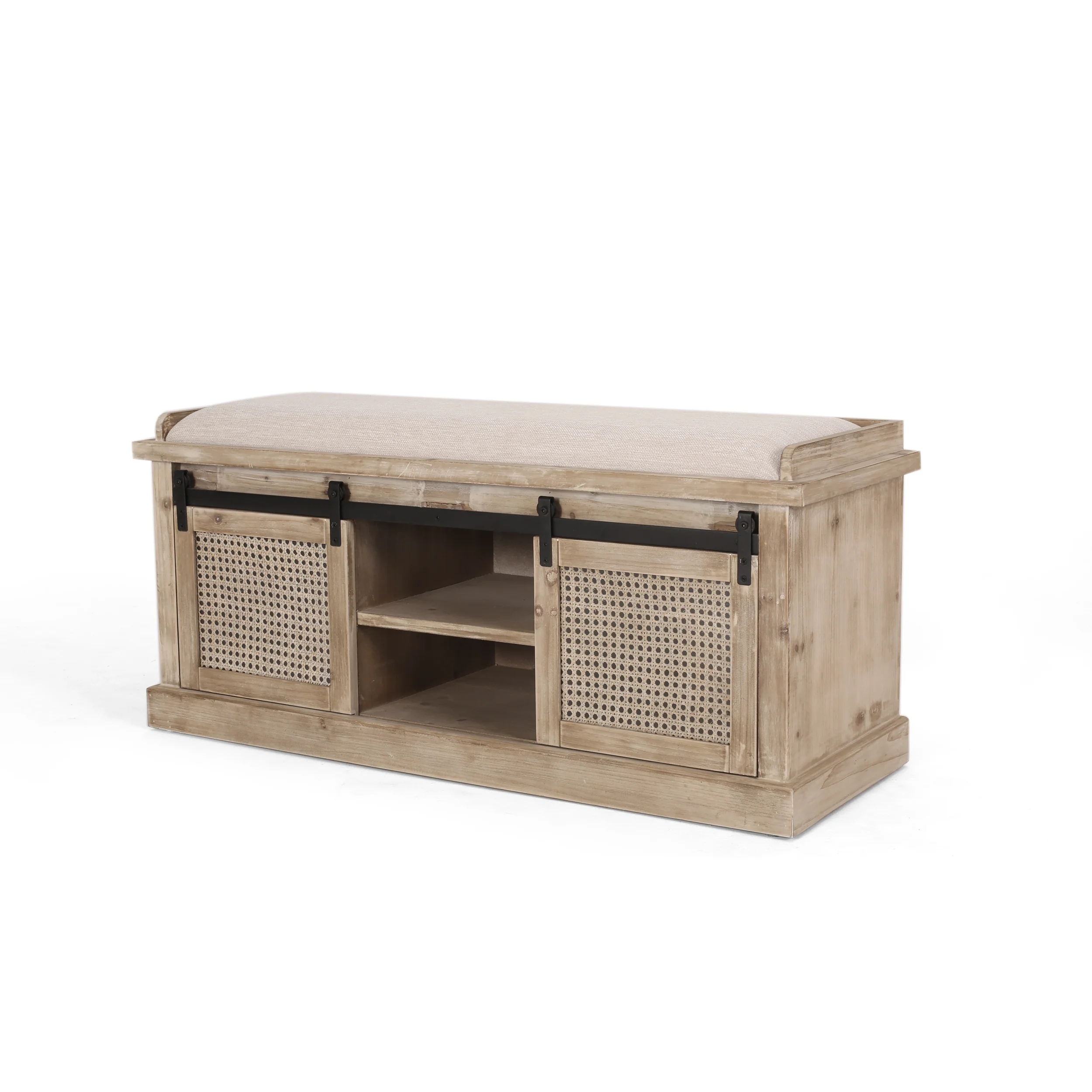 Ferster Rustic Storage Bench with Cushion, Beige, Natural, and Black - furnishings