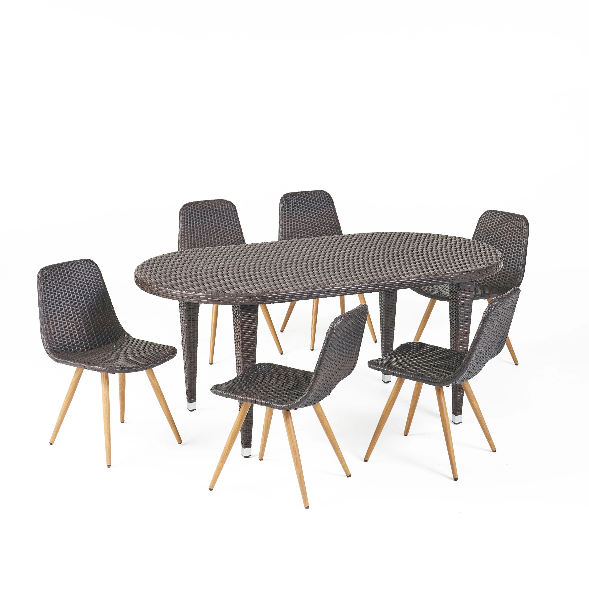 Lynda Outdoor 7 Piece Wicker Oval Dining Set with Wood Finished Legs - furnishings