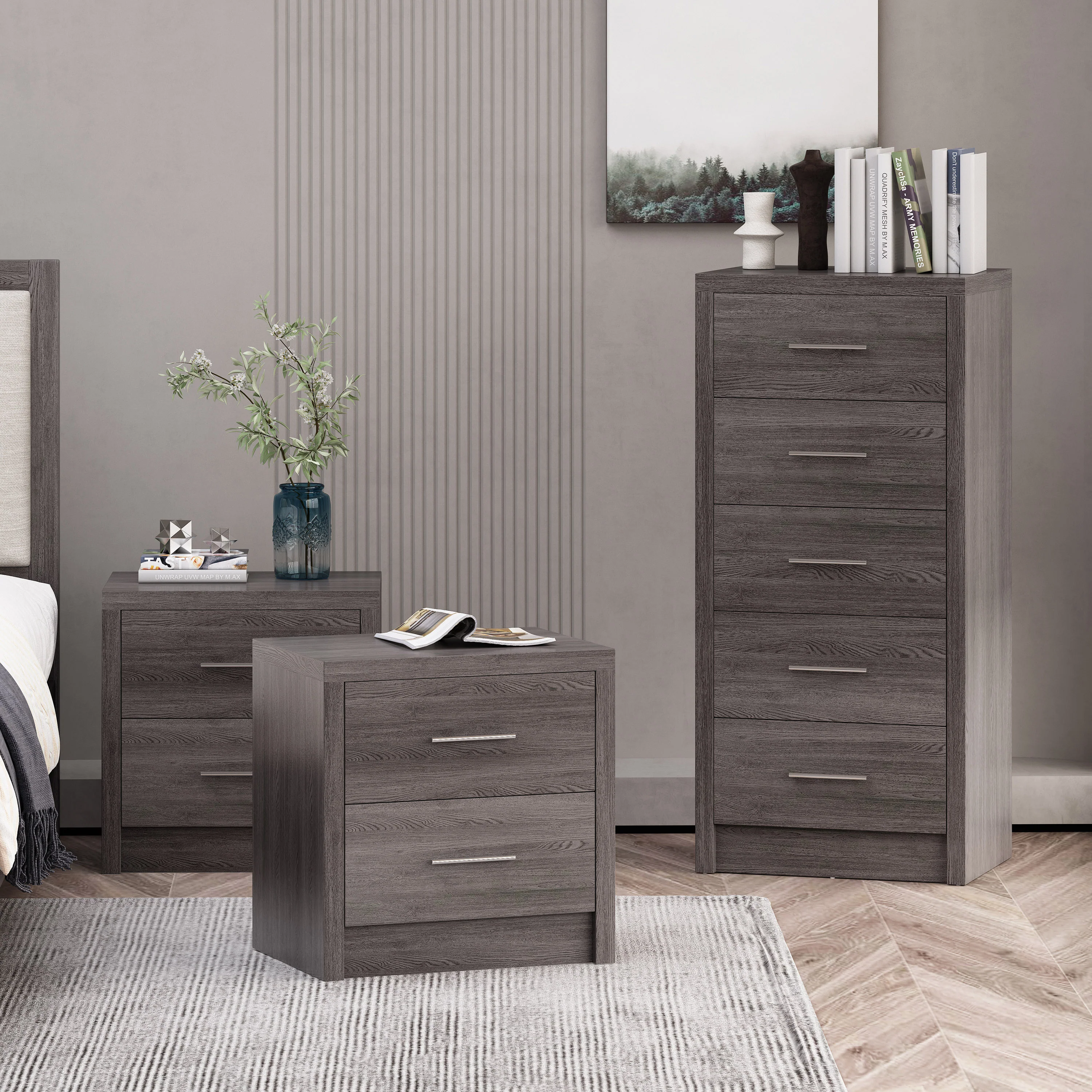 Marlette Modern 3 Piece 5 Drawer Dresser and Nightstand Bedroom Set - furnishings