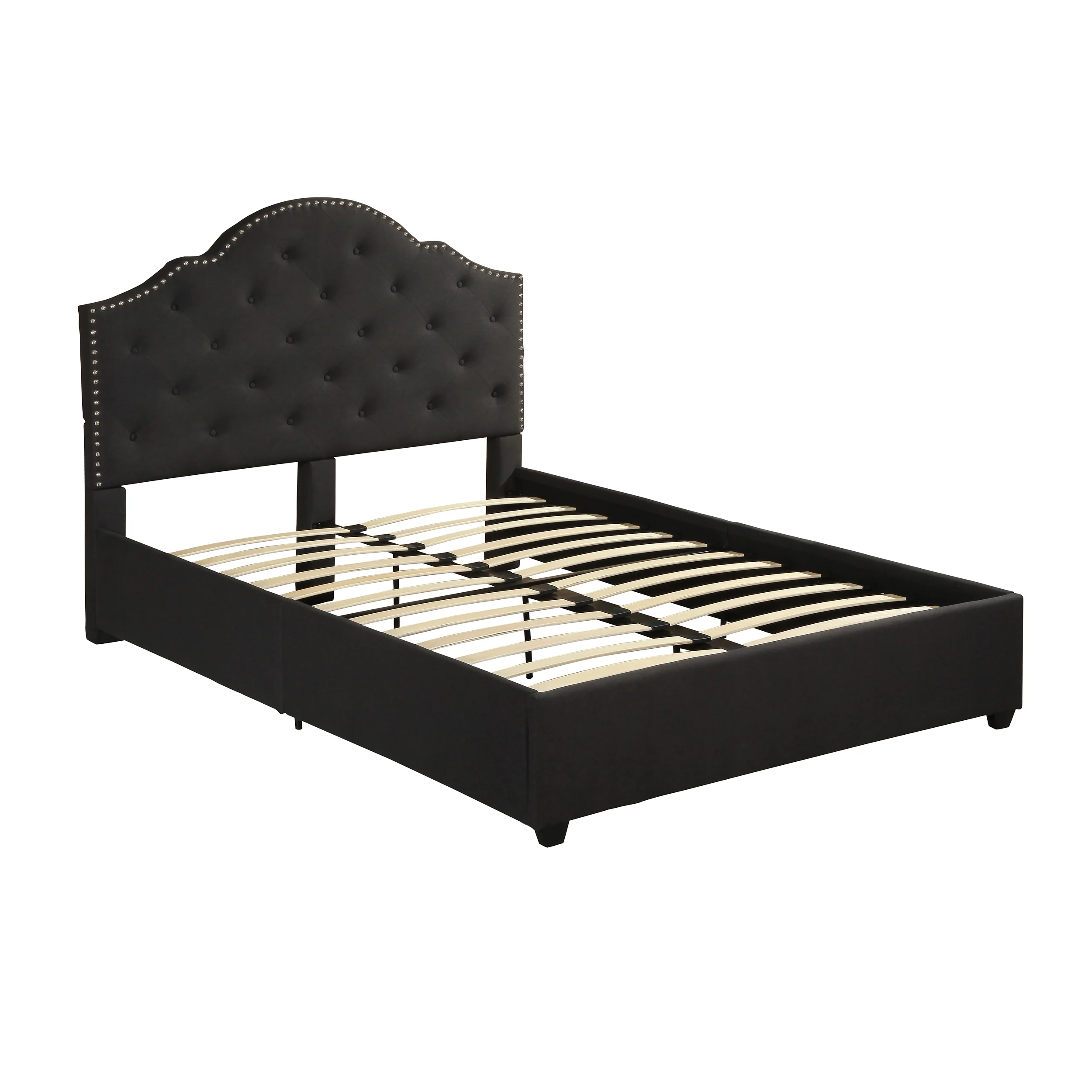 Gentry Contemporary Button-Tufted Camelback Queen Bed Frame with Nailhead Trim - furnishings