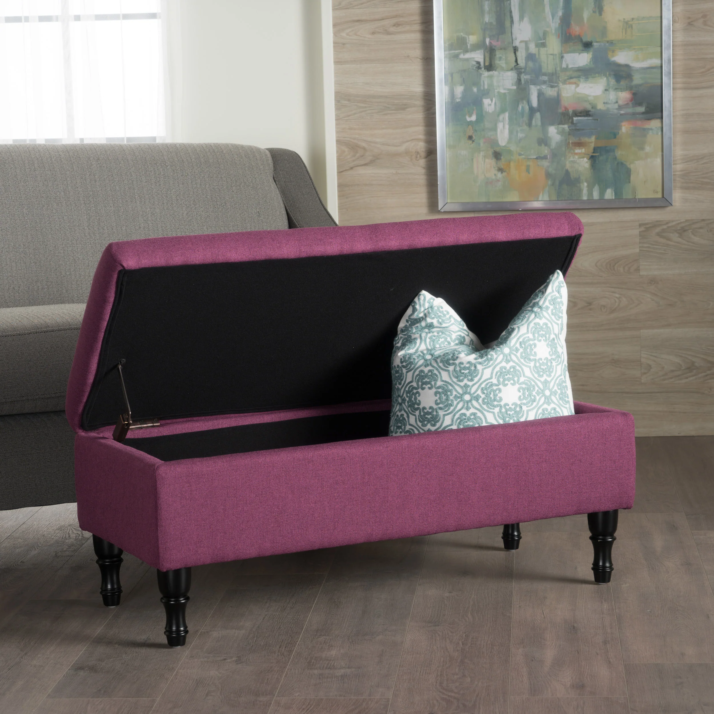 Constance Button Tufted Fabric Rectangle Storage Ottoman Bench w/ Turned Legs - furnishings