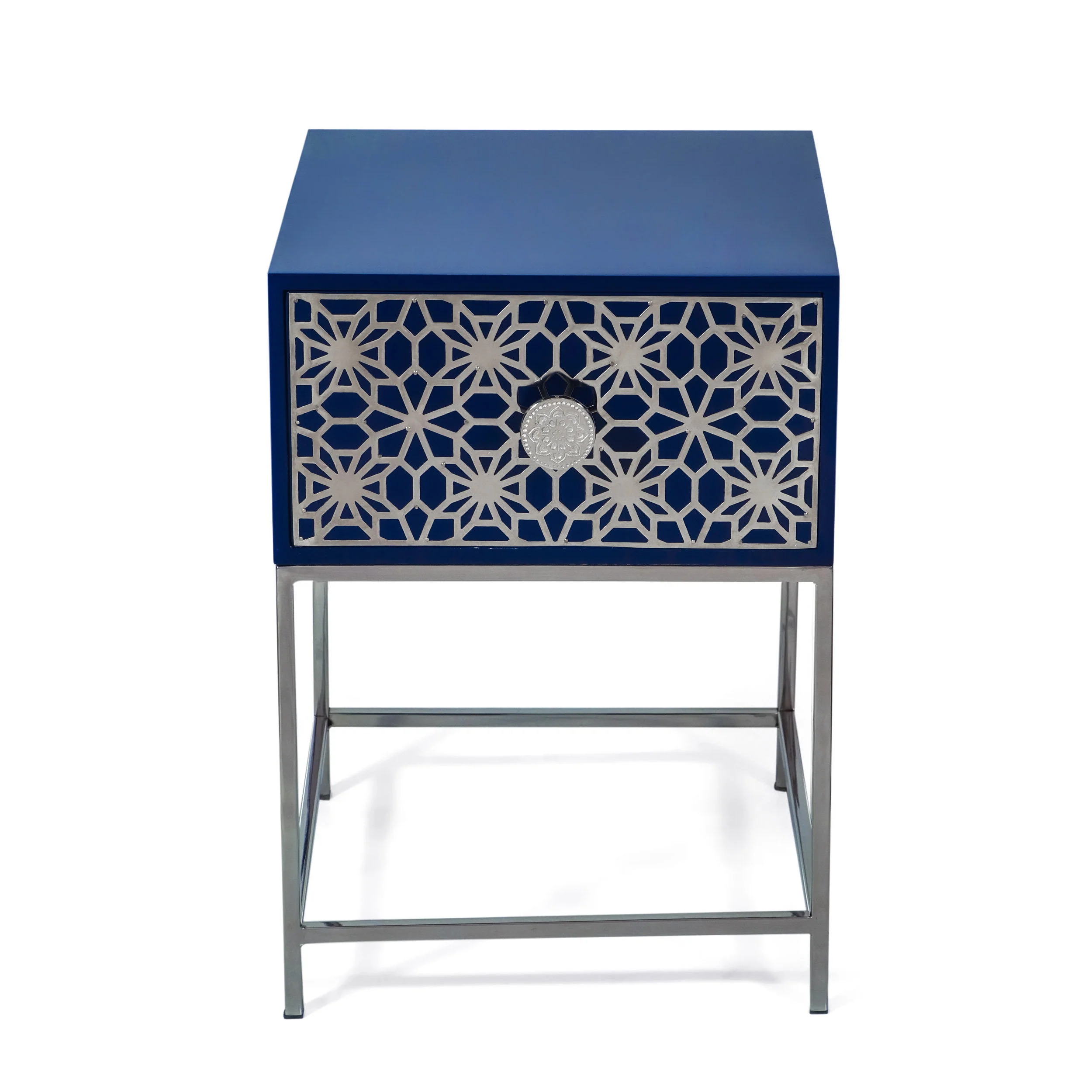 Morella Modern Glam Handcrafted Moroccan Mesh Nightstand, Navy Blue and Nickel - furnishings