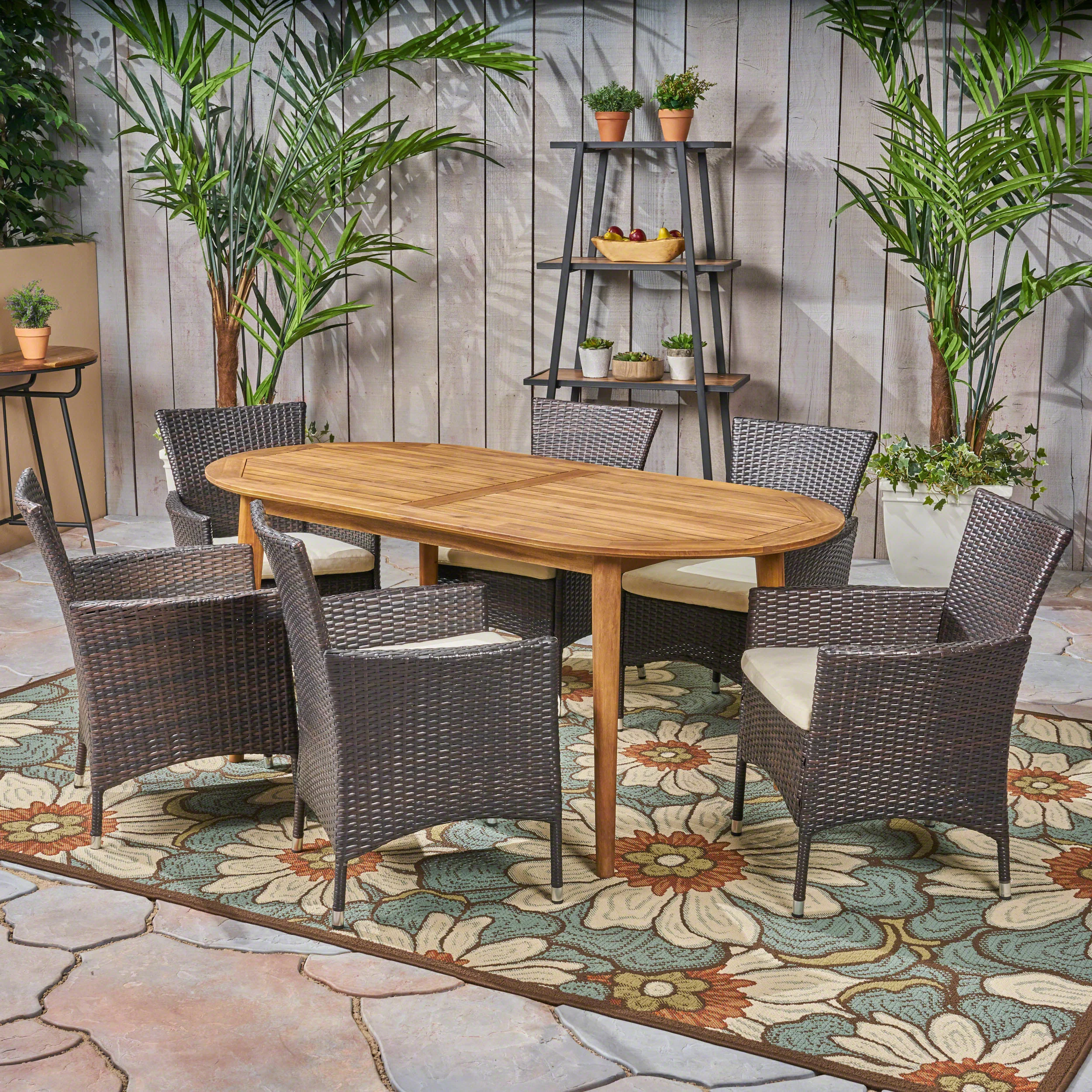 Stanford Outdoor 7-Piece Acacia Wood Dining Set with Wicker Chairs and Cushions - furnishings