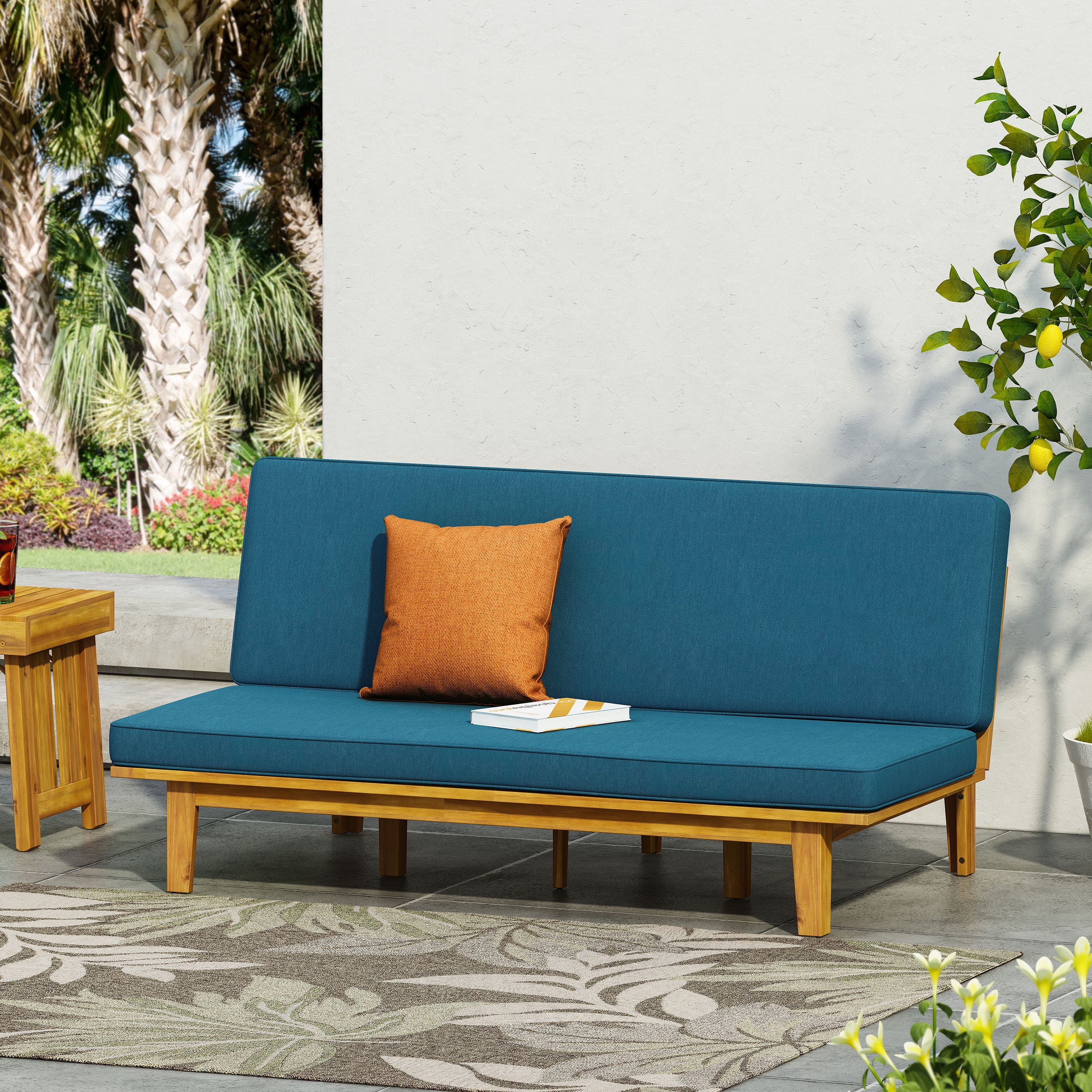 Riebe Outdoor Acacia Wood Convertible Daybed with Cushion - furnishings