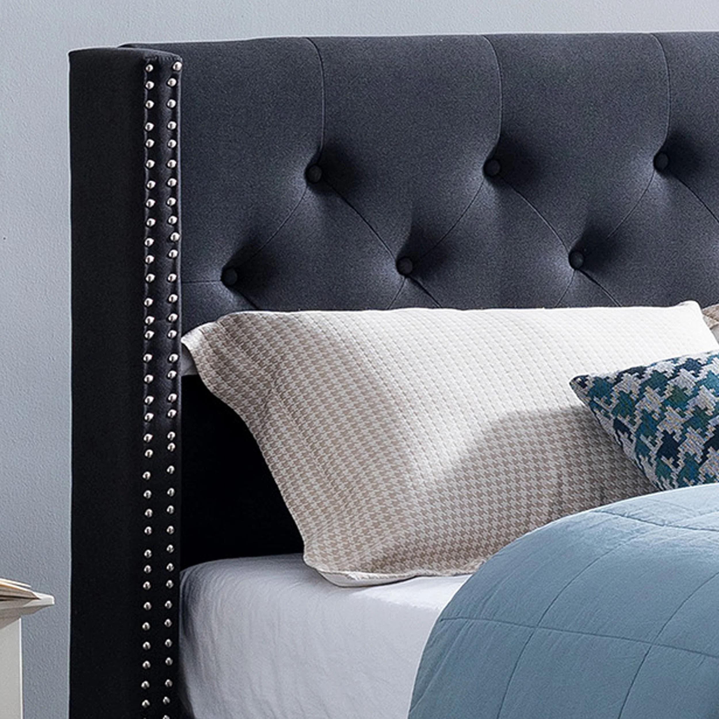 Ray Contemporary Rhinestone-Tufted Wingback Bed Frame with Nailhead Trim - furnishings